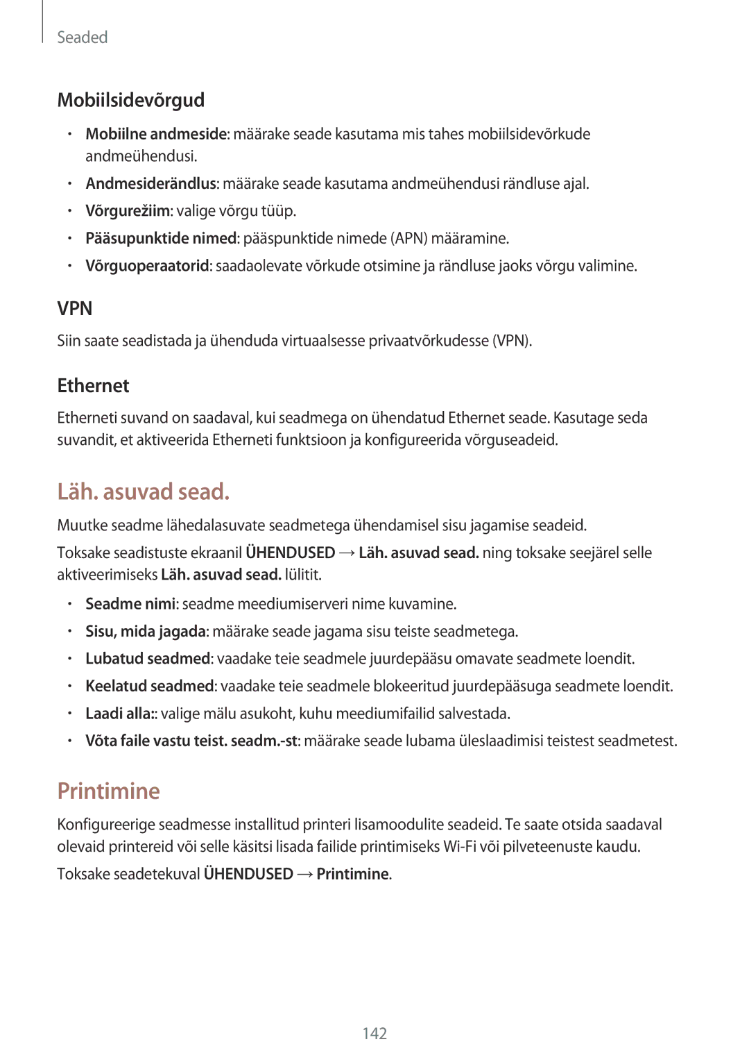 Samsung SM-T705NTSASEB, SM-T705NZWASEB, SM-T805NZWASEB manual Läh. asuvad sead, Printimine, Mobiilsidevõrgud, Ethernet 