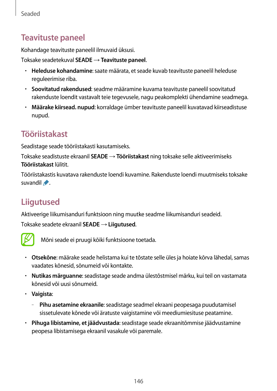 Samsung SM-T805NZWASEB, SM-T705NZWASEB, SM-T705NTSASEB manual Teavituste paneel, Tööriistakast, Liigutused, Vaigista 