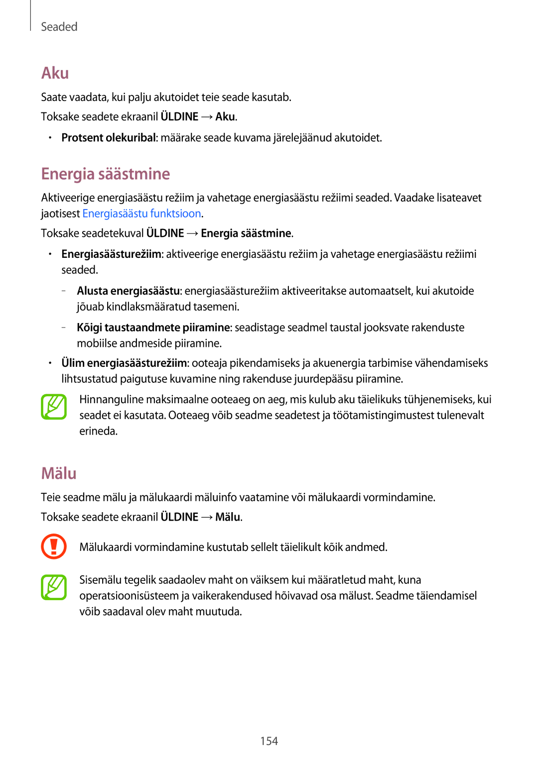 Samsung SM-T805NHAASEB, SM-T705NZWASEB, SM-T805NZWASEB manual Aku, Mälu, Toksake seadetekuval Üldine →Energia säästmine 