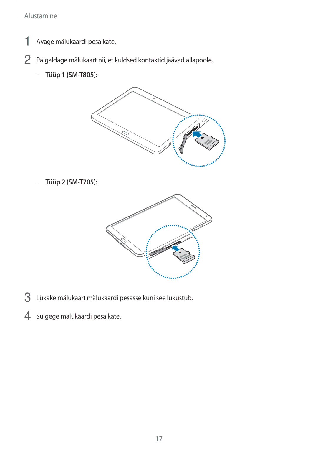 Samsung SM-T705NTSASEB, SM-T705NZWASEB, SM-T805NZWASEB, SM-T805NTSASEB, SM-T805NHAASEB manual Tüüp 1 SM-T805 Tüüp 2 SM-T705 