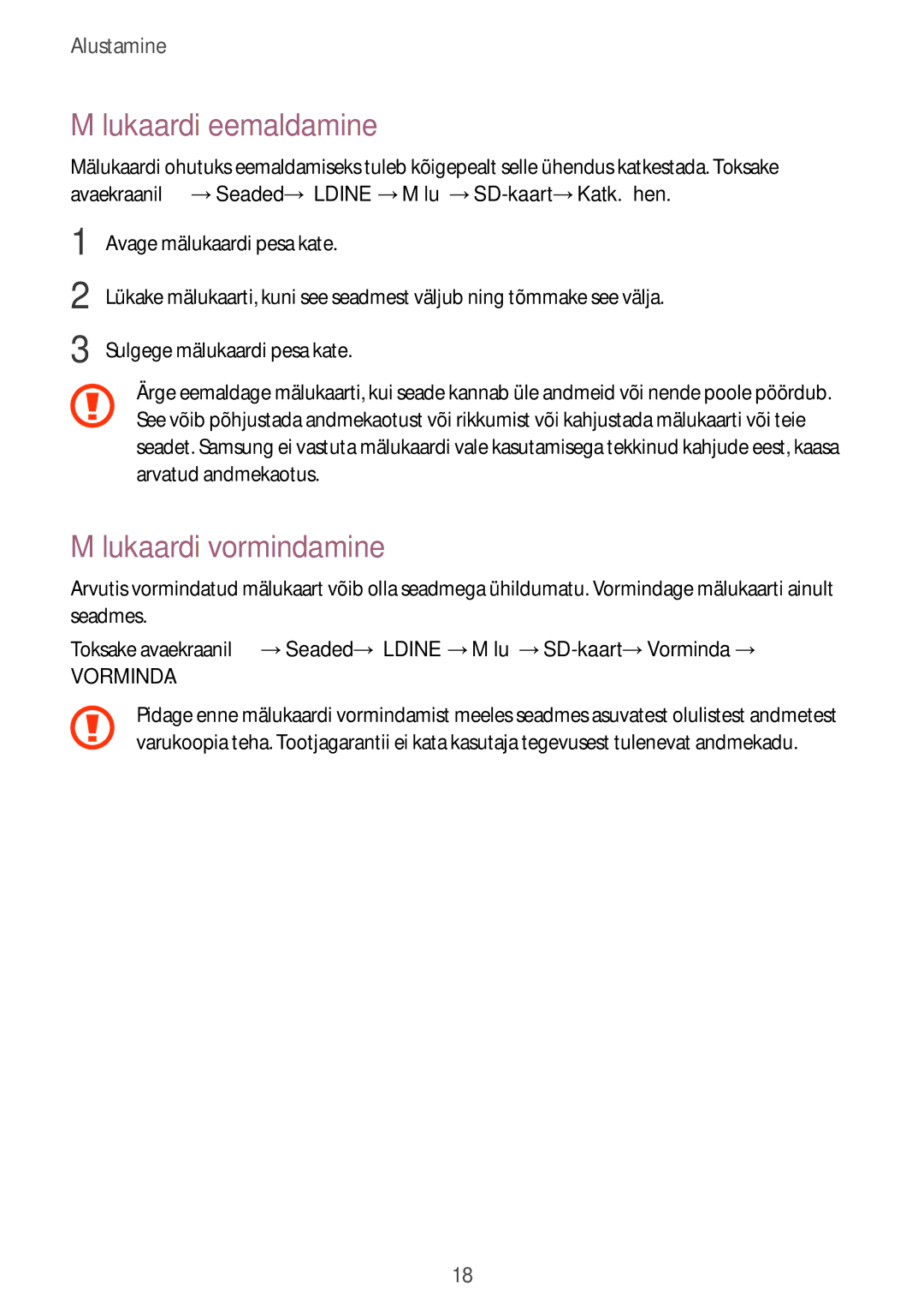 Samsung SM-T805NTSASEB, SM-T705NZWASEB, SM-T805NZWASEB, SM-T705NTSASEB manual Mälukaardi eemaldamine, Mälukaardi vormindamine 