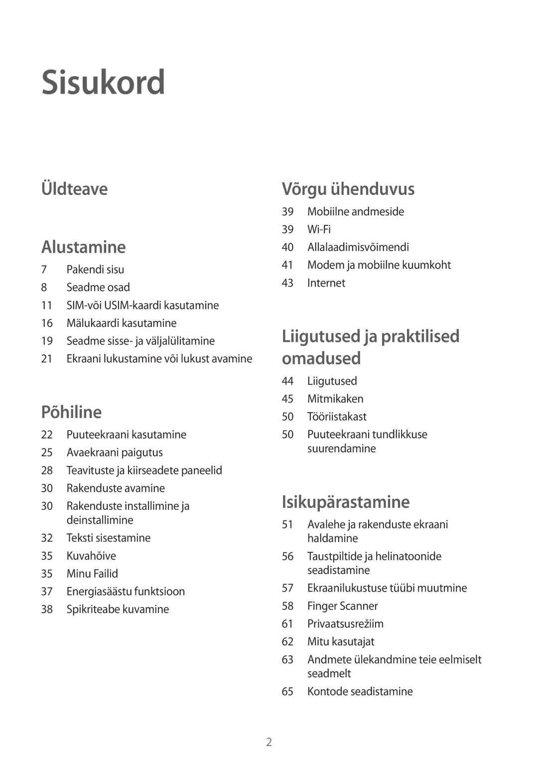 Samsung SM-T705NTSASEB manual Sisukord, Liigutused Mitmikaken 50 Tööriistakast, Avalehe ja rakenduste ekraani haldamine 