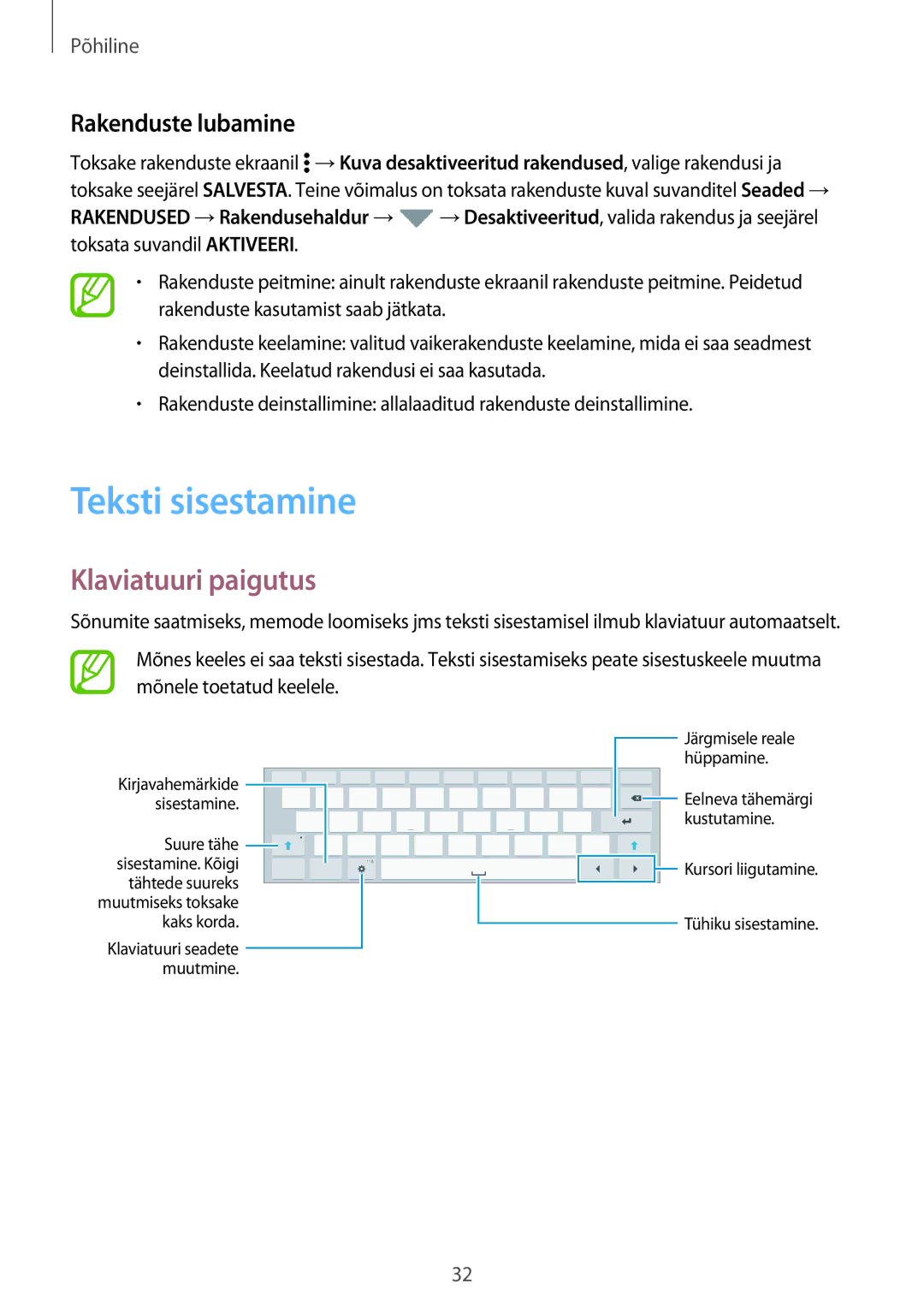 Samsung SM-T705NTSASEB, SM-T705NZWASEB, SM-T805NZWASEB manual Teksti sisestamine, Klaviatuuri paigutus, Rakenduste lubamine 