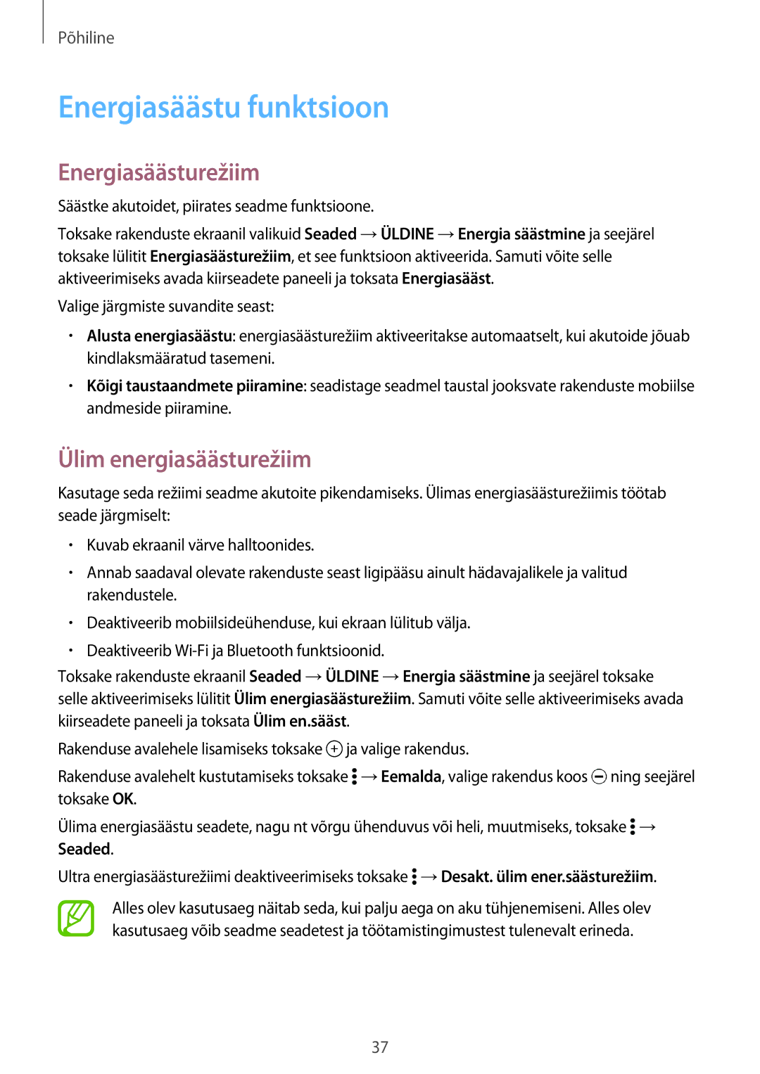 Samsung SM-T705NTSASEB, SM-T705NZWASEB manual Energiasäästu funktsioon, Energiasäästurežiim, Ülim energiasäästurežiim 