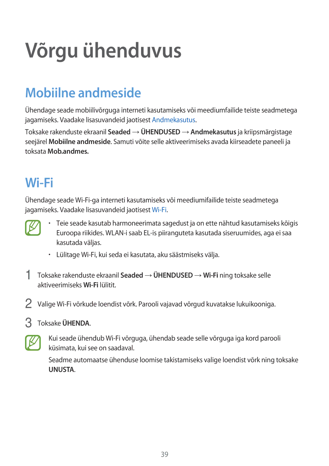 Samsung SM-T805NHAASEB, SM-T705NZWASEB, SM-T805NZWASEB, SM-T705NTSASEB manual Võrgu ühenduvus, Mobiilne andmeside, Wi-Fi 