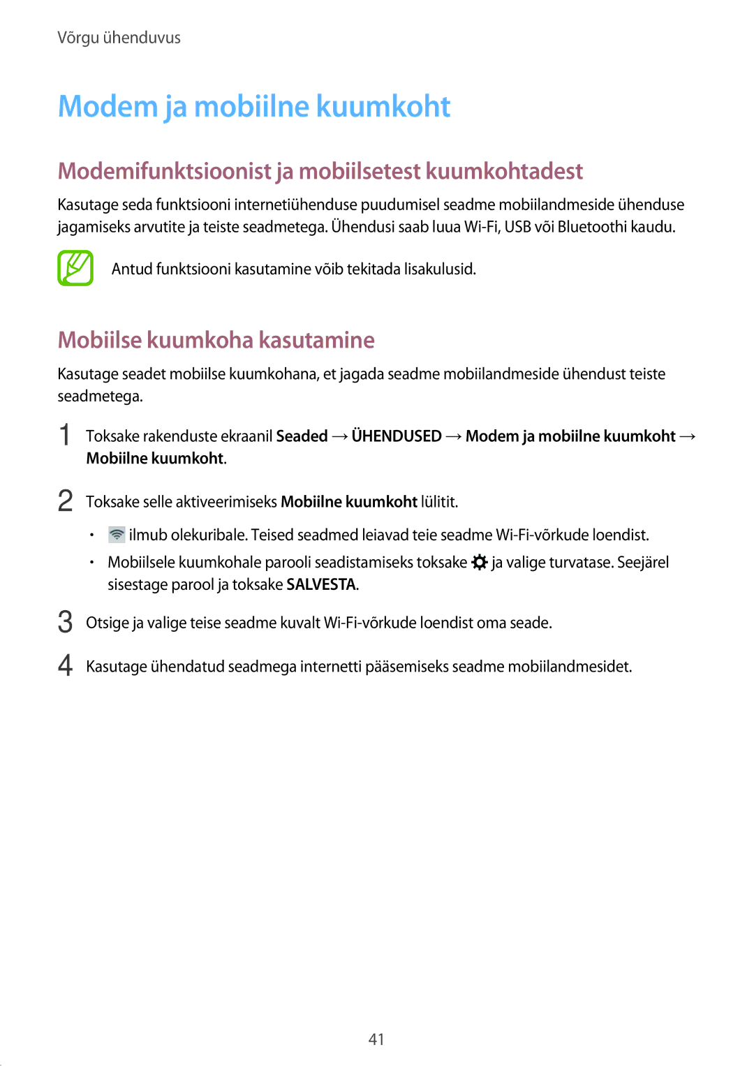 Samsung SM-T805NZWASEB, SM-T705NZWASEB manual Modem ja mobiilne kuumkoht, Modemifunktsioonist ja mobiilsetest kuumkohtadest 