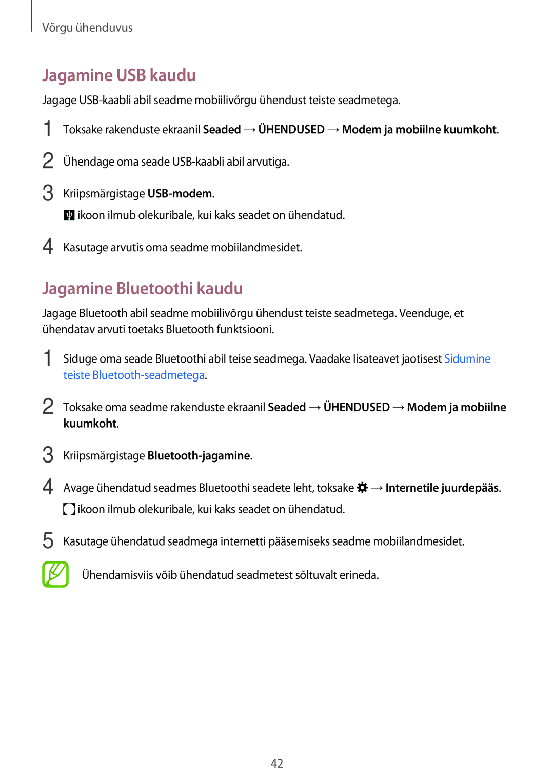 Samsung SM-T705NTSASEB, SM-T705NZWASEB, SM-T805NZWASEB manual Jagamine USB kaudu, Jagamine Bluetoothi kaudu, Kuumkoht 