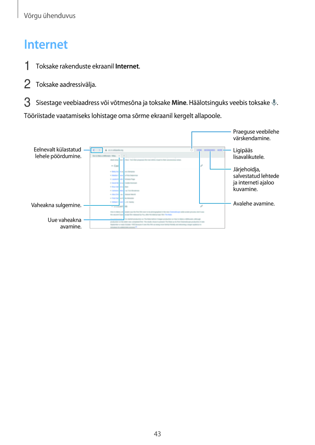 Samsung SM-T805NTSASEB, SM-T705NZWASEB, SM-T805NZWASEB manual Toksake rakenduste ekraanil Internet, Toksake aadressivälja 