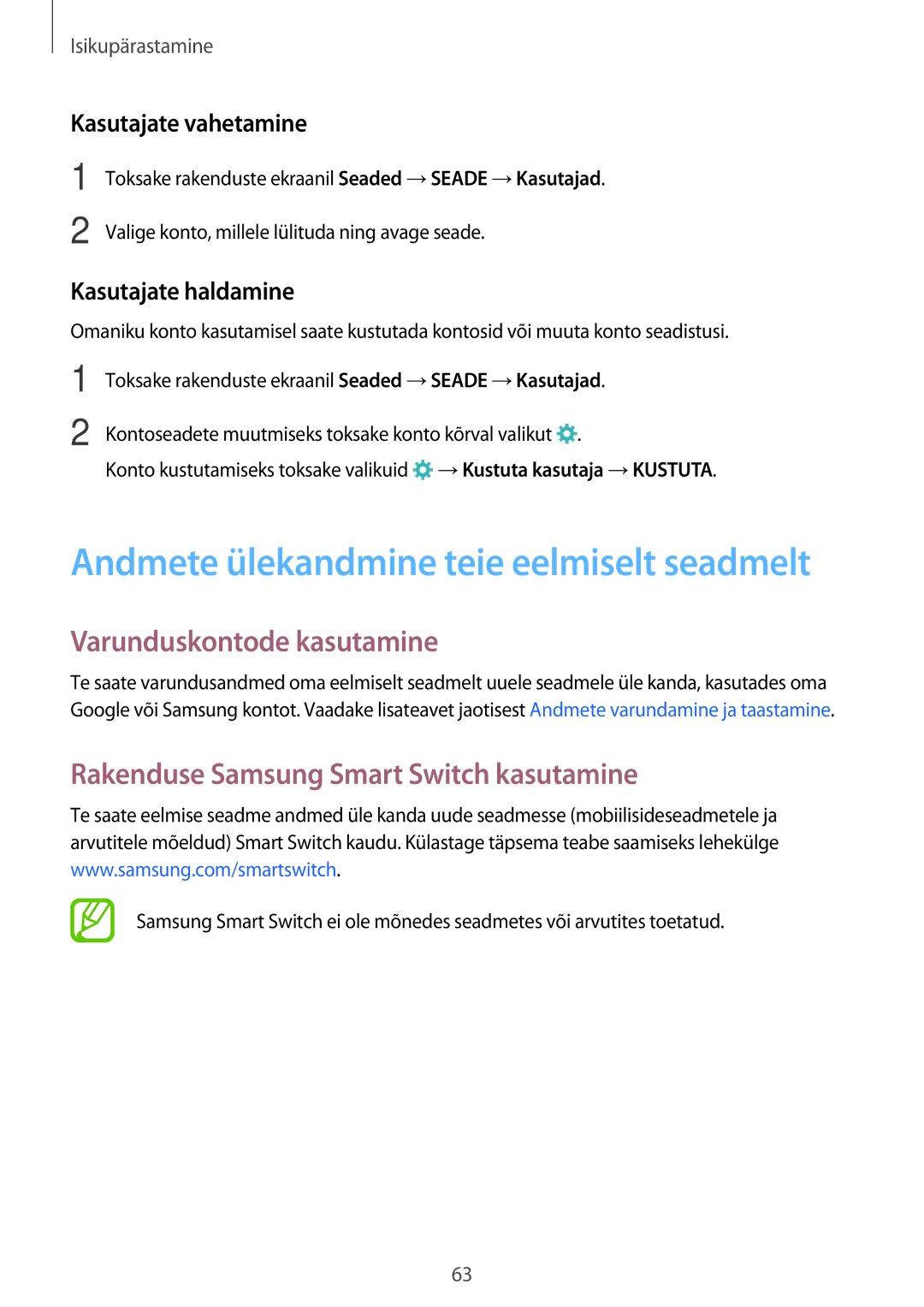 Samsung SM-T805NTSASEB manual Varunduskontode kasutamine, Rakenduse Samsung Smart Switch kasutamine, Kasutajate vahetamine 