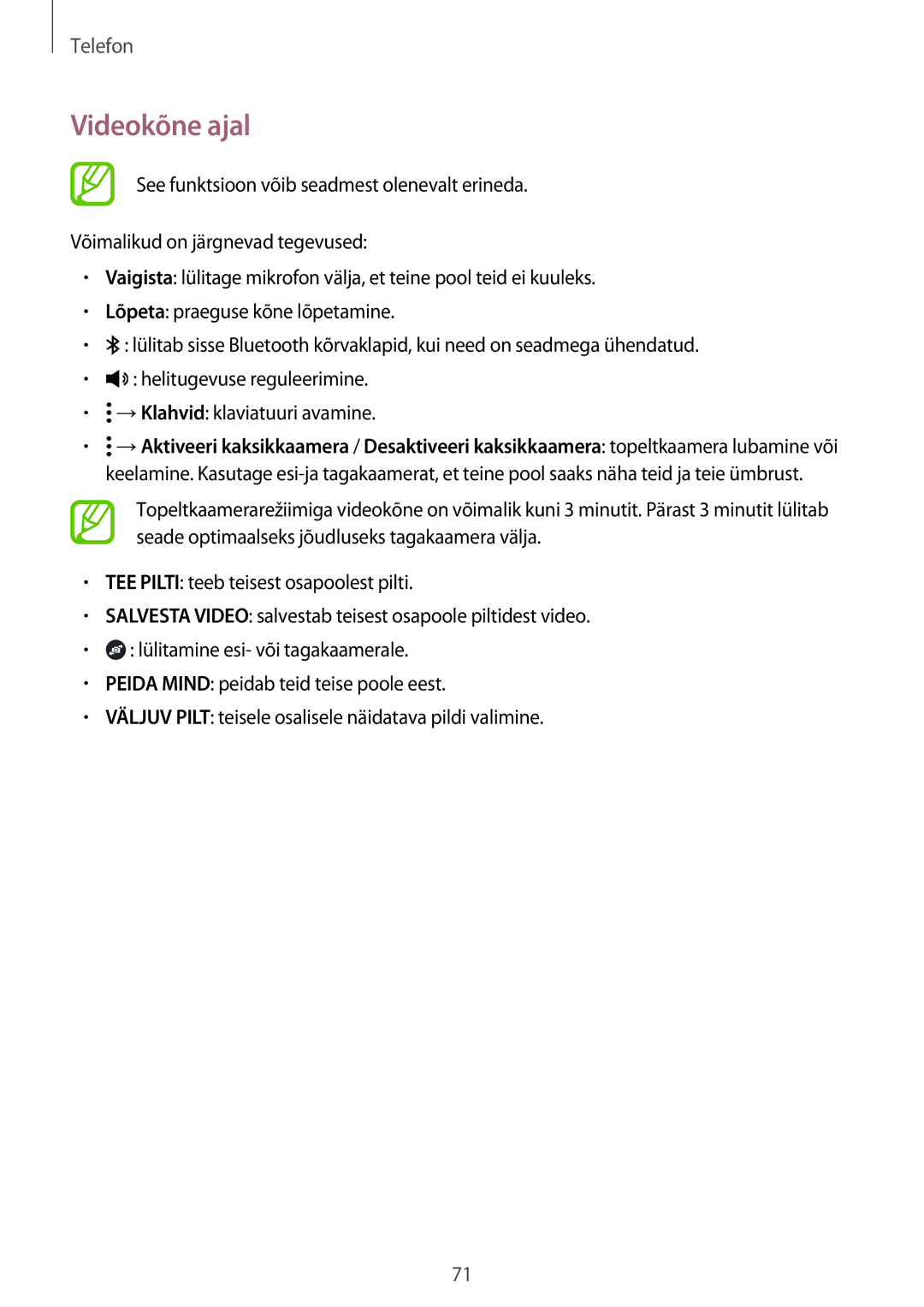 Samsung SM-T805NZWASEB, SM-T705NZWASEB, SM-T705NTSASEB, SM-T805NTSASEB, SM-T805NHAASEB manual Videokõne ajal 