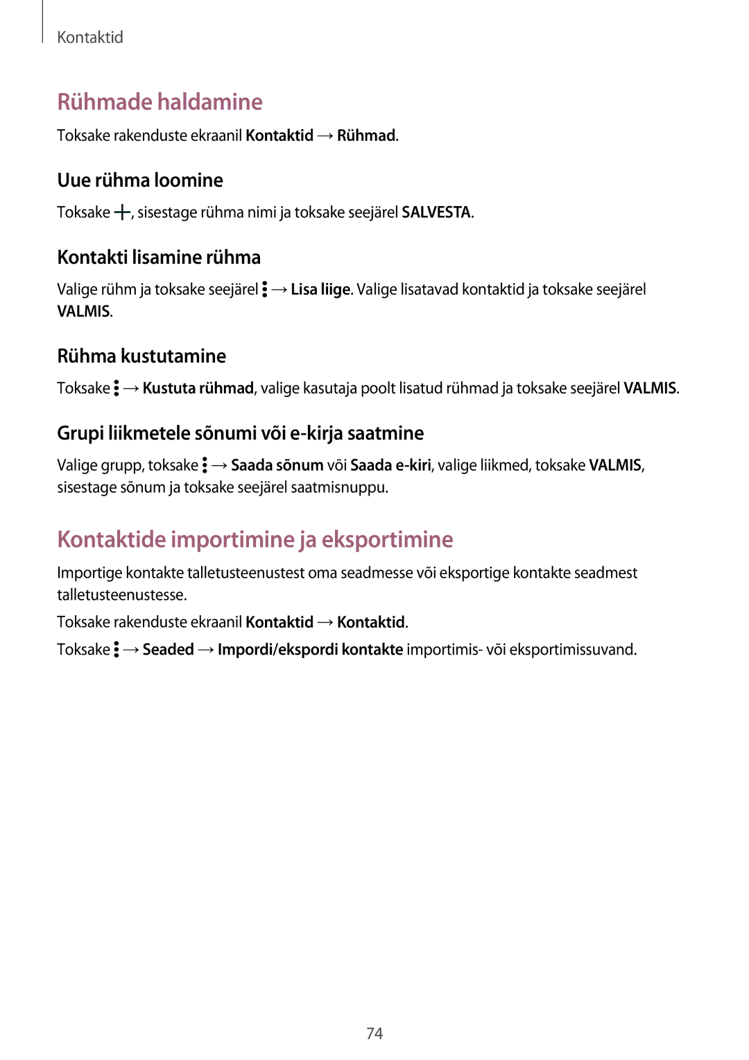 Samsung SM-T805NHAASEB, SM-T705NZWASEB, SM-T805NZWASEB manual Rühmade haldamine, Kontaktide importimine ja eksportimine 