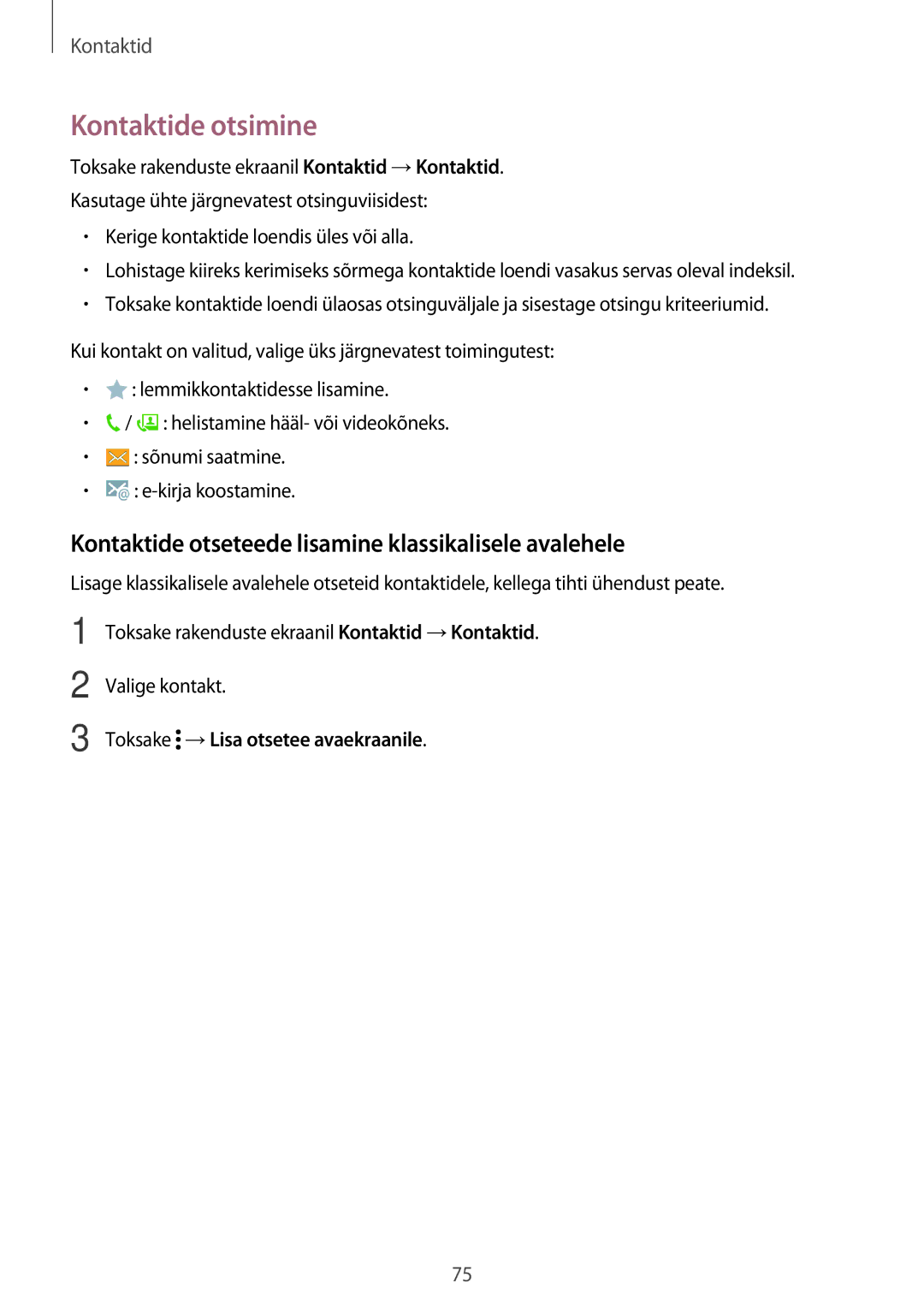 Samsung SM-T705NZWASEB manual Kontaktide otsimine, Kontaktide otseteede lisamine klassikalisele avalehele, Valige kontakt 