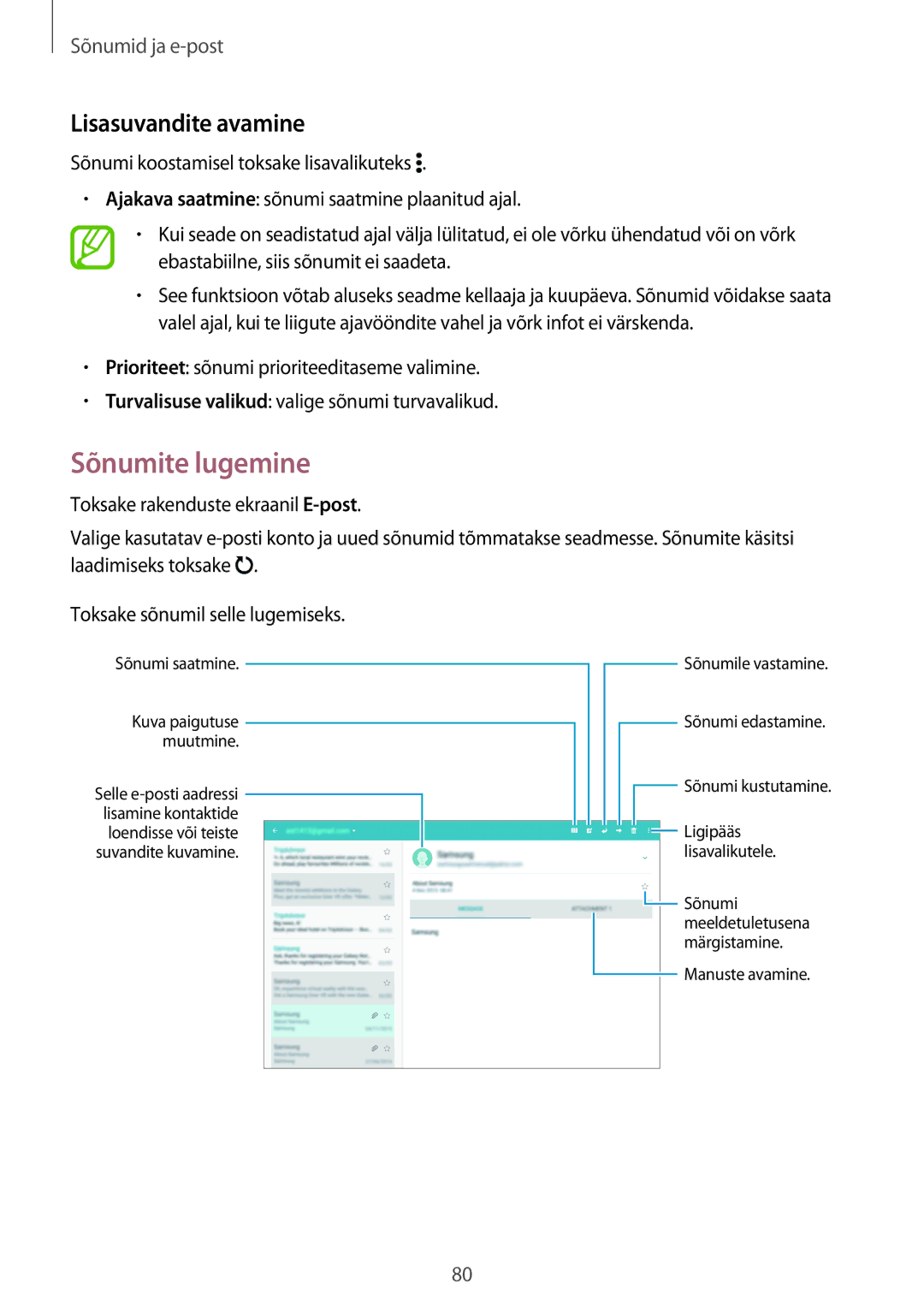 Samsung SM-T705NZWASEB, SM-T805NZWASEB, SM-T705NTSASEB, SM-T805NTSASEB manual Sõnumite lugemine, Lisasuvandite avamine 