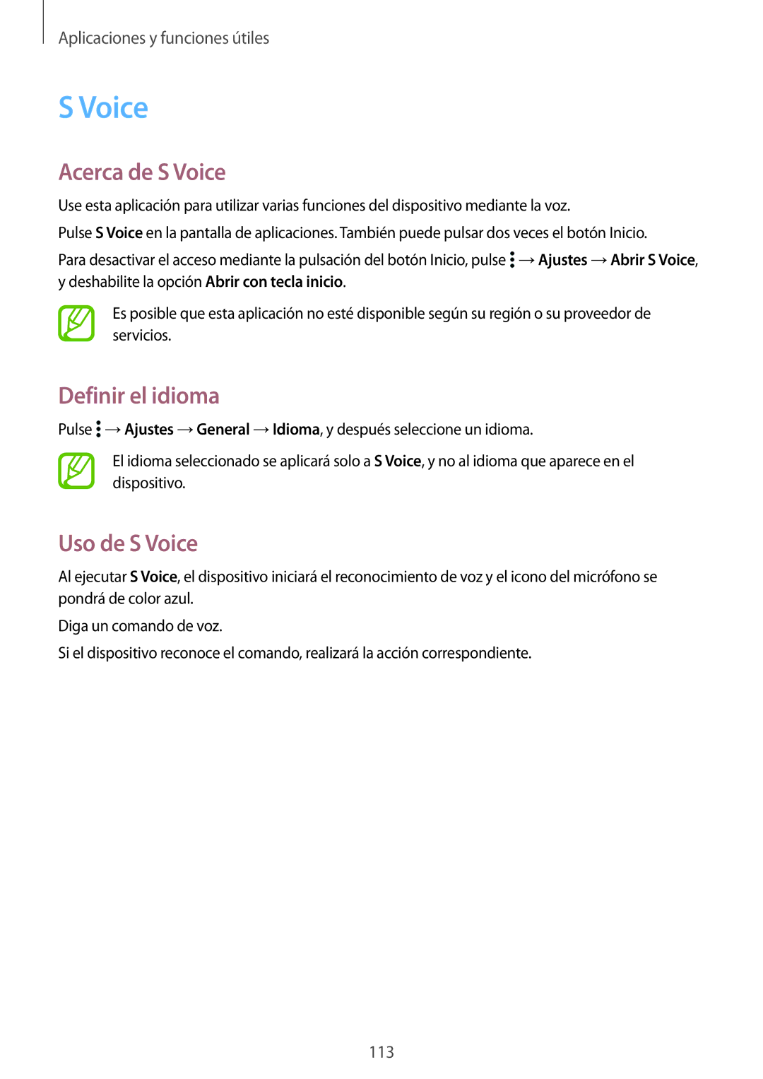 Samsung SM-T705NTSAPHE, SM-T705NZWATPH, SM-T705NTSATPH manual Acerca de S Voice, Definir el idioma, Uso de S Voice 