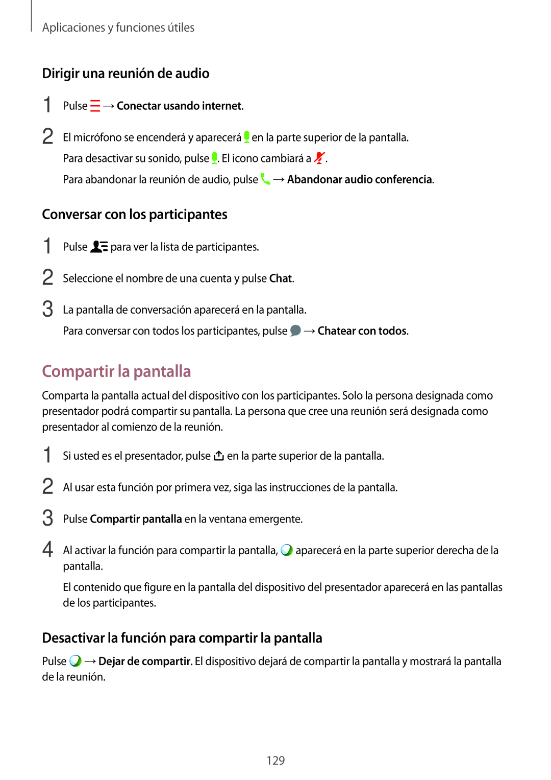 Samsung SM-T705NZWAITV manual Compartir la pantalla, Dirigir una reunión de audio, Conversar con los participantes 