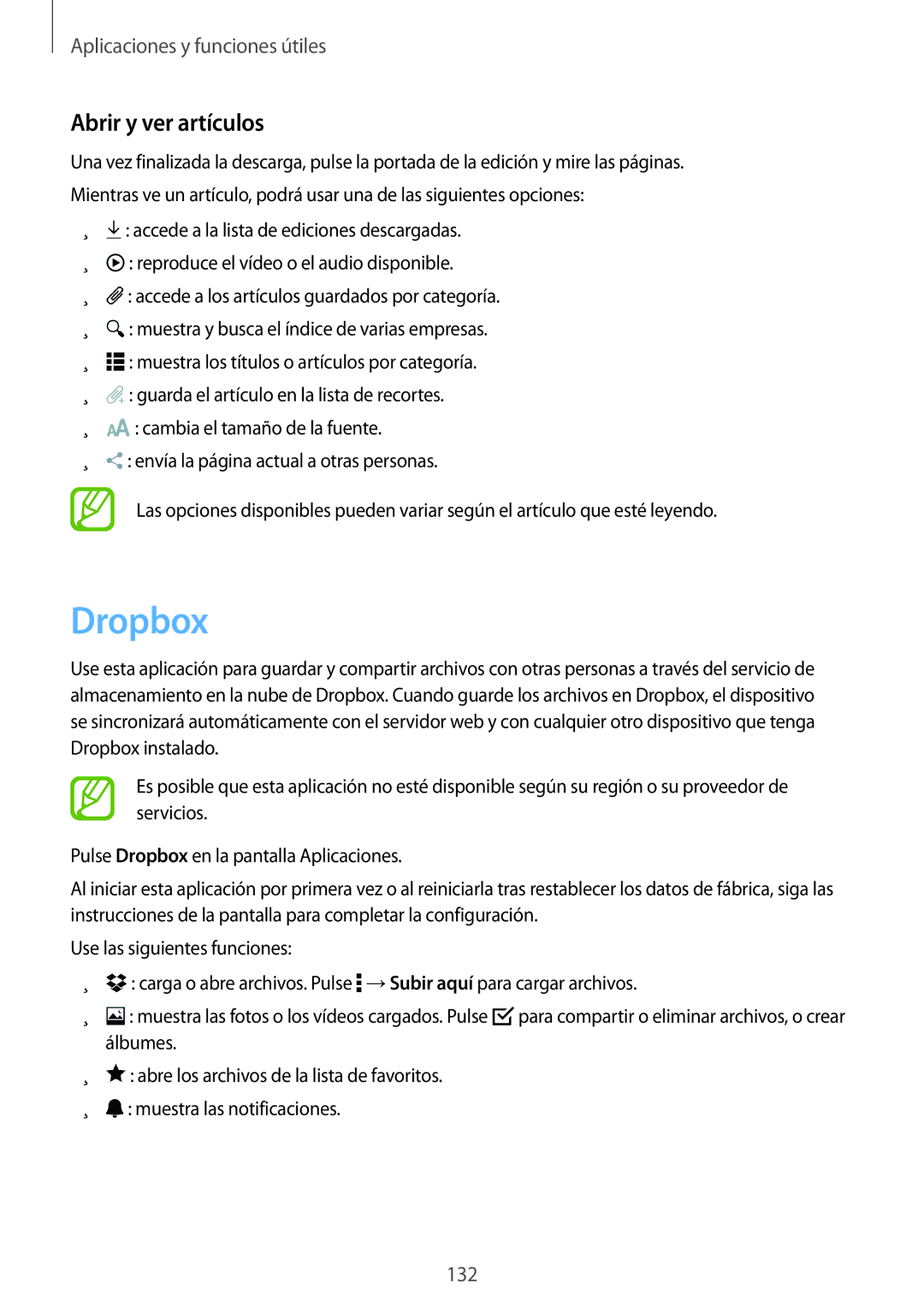 Samsung SM-T705NZWATPH, SM-T705NTSATPH, SM-T705NZWADBT, SM-T705NZWAITV, SM-T705NZWAPHE manual Dropbox, Abrir y ver artículos 