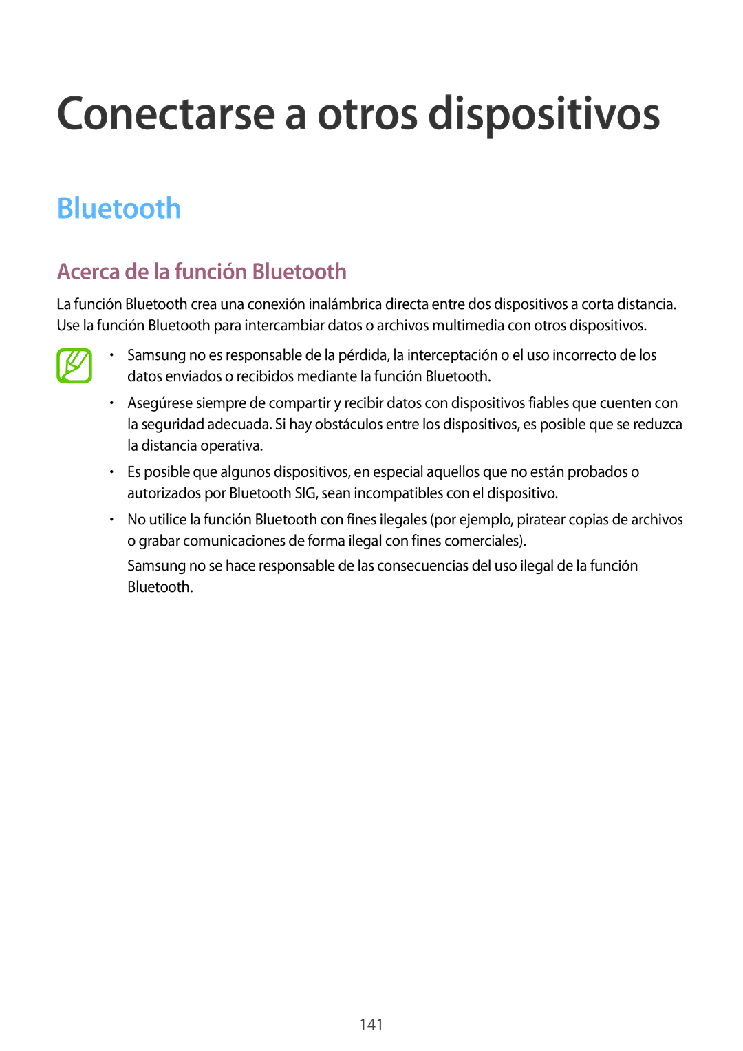 Samsung SM-T705NZWAITV, SM-T705NZWATPH, SM-T705NTSATPH, SM-T705NZWADBT, SM-T705NZWAPHE Acerca de la función Bluetooth 