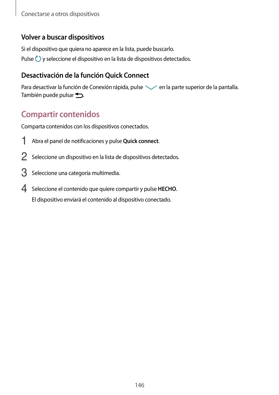 Samsung SM-T705NZWADBT manual Compartir contenidos, Volver a buscar dispositivos, Desactivación de la función Quick Connect 