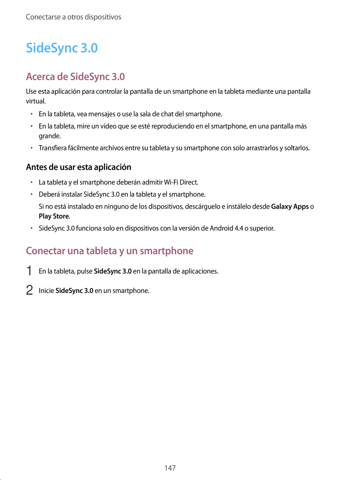 Samsung SM-T705NZWAITV, SM-T705NZWATPH, SM-T705NTSATPH manual Acerca de SideSync, Conectar una tableta y un smartphone 