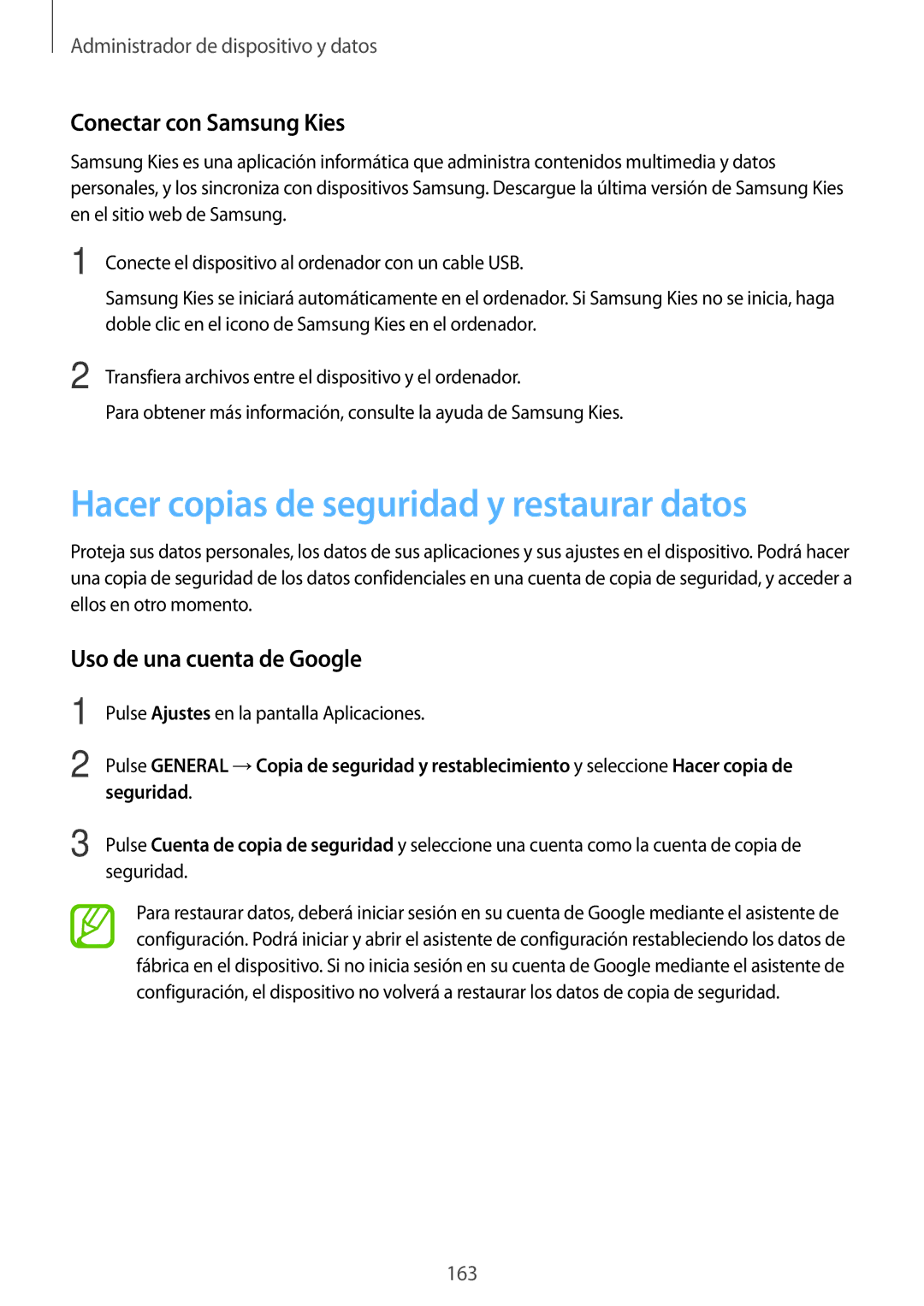 Samsung SM-T705NTSATPH Hacer copias de seguridad y restaurar datos, Conectar con Samsung Kies, Uso de una cuenta de Google 