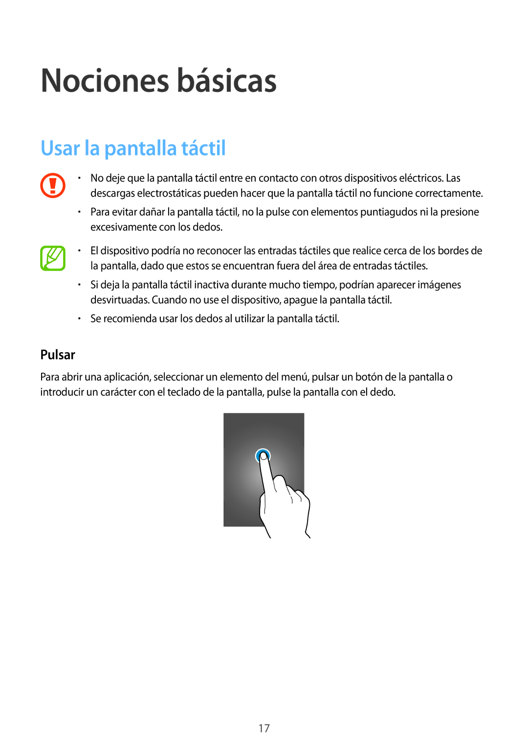 Samsung SM-T705NTSAPHE, SM-T705NZWATPH, SM-T705NTSATPH, SM-T705NZWADBT Nociones básicas, Usar la pantalla táctil, Pulsar 