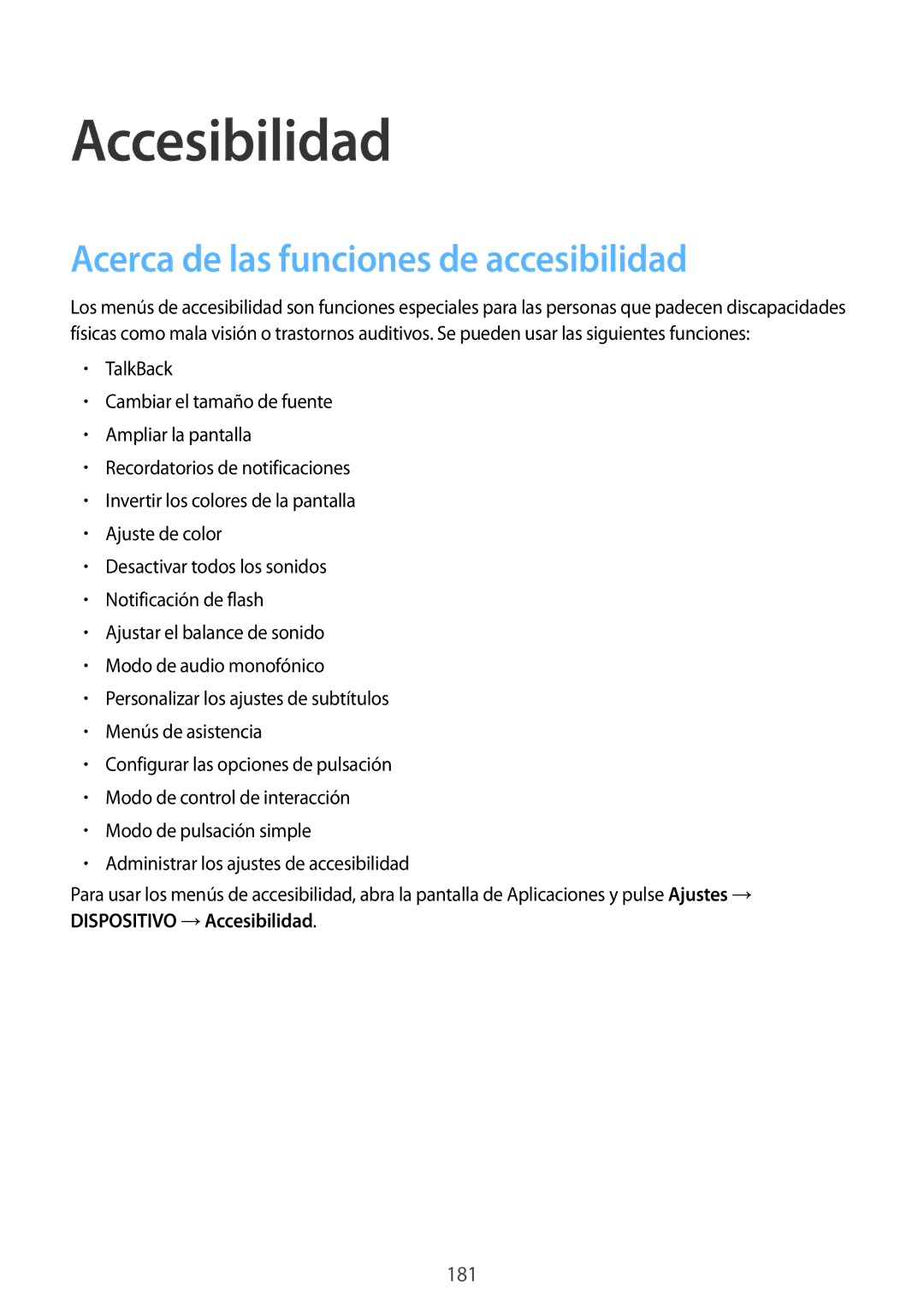 Samsung SM-T705NTSATPH, SM-T705NZWATPH, SM-T705NZWADBT manual Accesibilidad, Acerca de las funciones de accesibilidad 