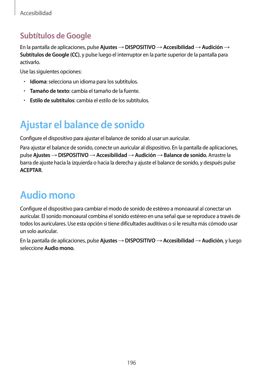 Samsung SM-T705NZWAPHE, SM-T705NZWATPH, SM-T705NTSATPH manual Ajustar el balance de sonido, Audio mono, Subtítulos de Google 