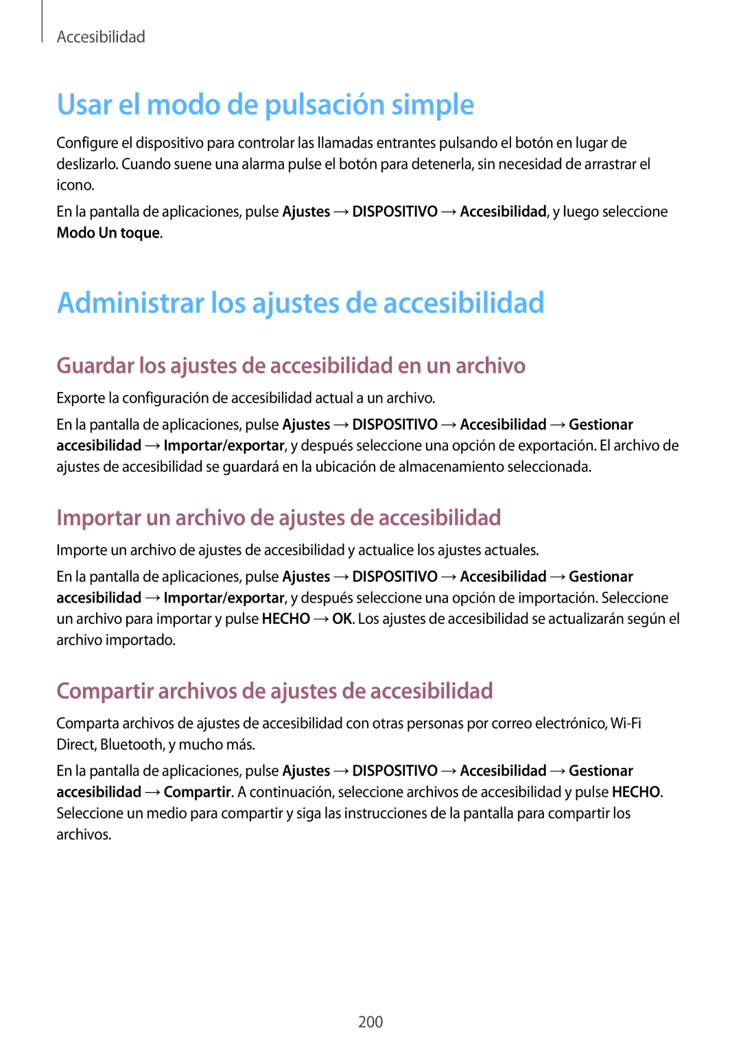 Samsung SM-T705NZWADBT, SM-T705NZWATPH manual Usar el modo de pulsación simple, Administrar los ajustes de accesibilidad 