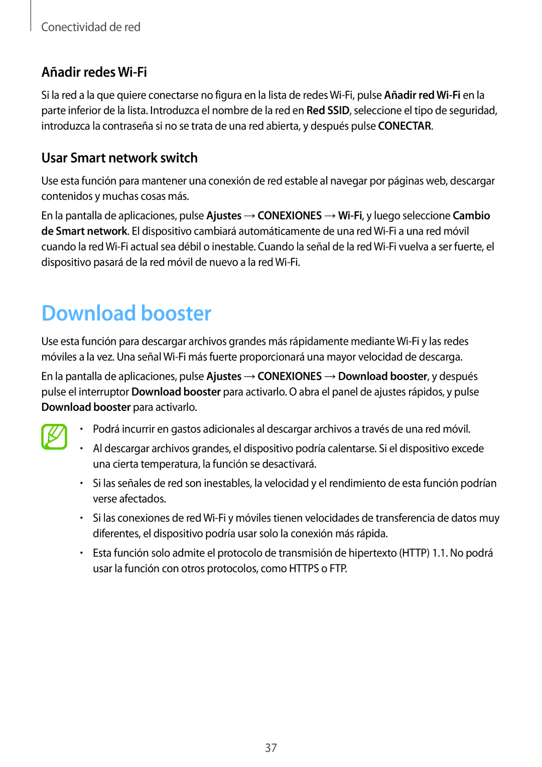 Samsung SM-T705NTSATPH, SM-T705NZWATPH, SM-T705NZWADBT manual Download booster, Añadir redes Wi-Fi, Usar Smart network switch 