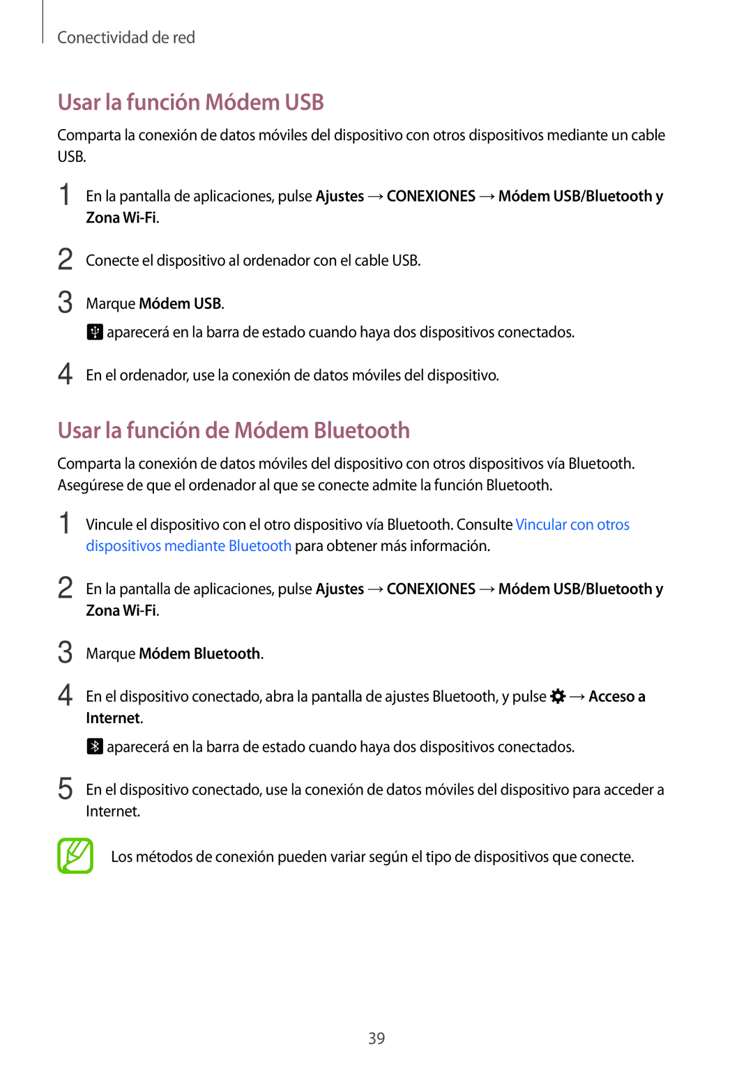 Samsung SM-T705NZWAITV manual Usar la función Módem USB, Usar la función de Módem Bluetooth, Marque Módem USB, Internet 