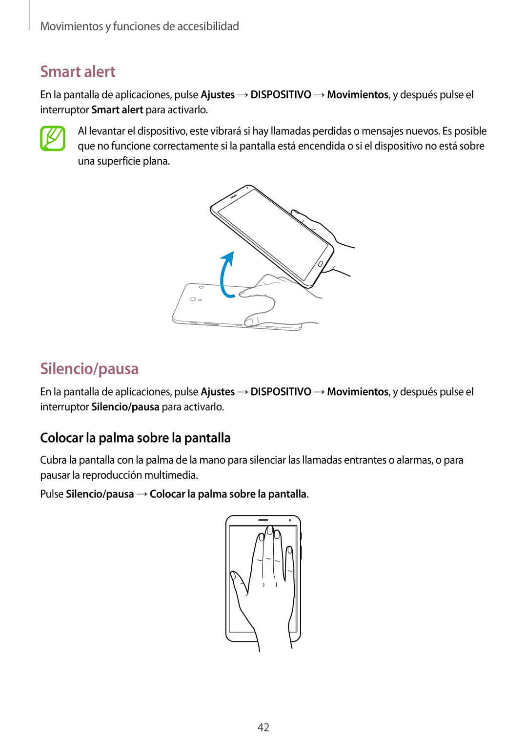 Samsung SM-T705NZWATPH, SM-T705NTSATPH, SM-T705NZWADBT manual Smart alert, Silencio/pausa, Colocar la palma sobre la pantalla 