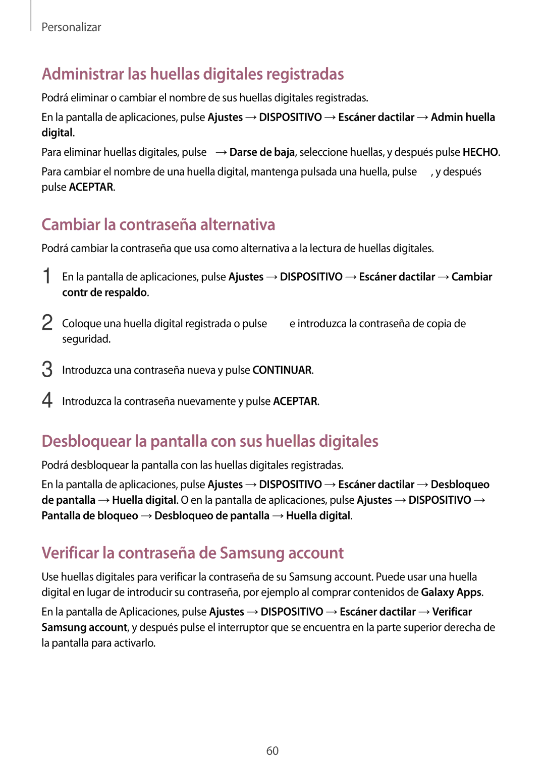 Samsung SM-T705NZWATPH Administrar las huellas digitales registradas, Cambiar la contraseña alternativa, Contr de respaldo 