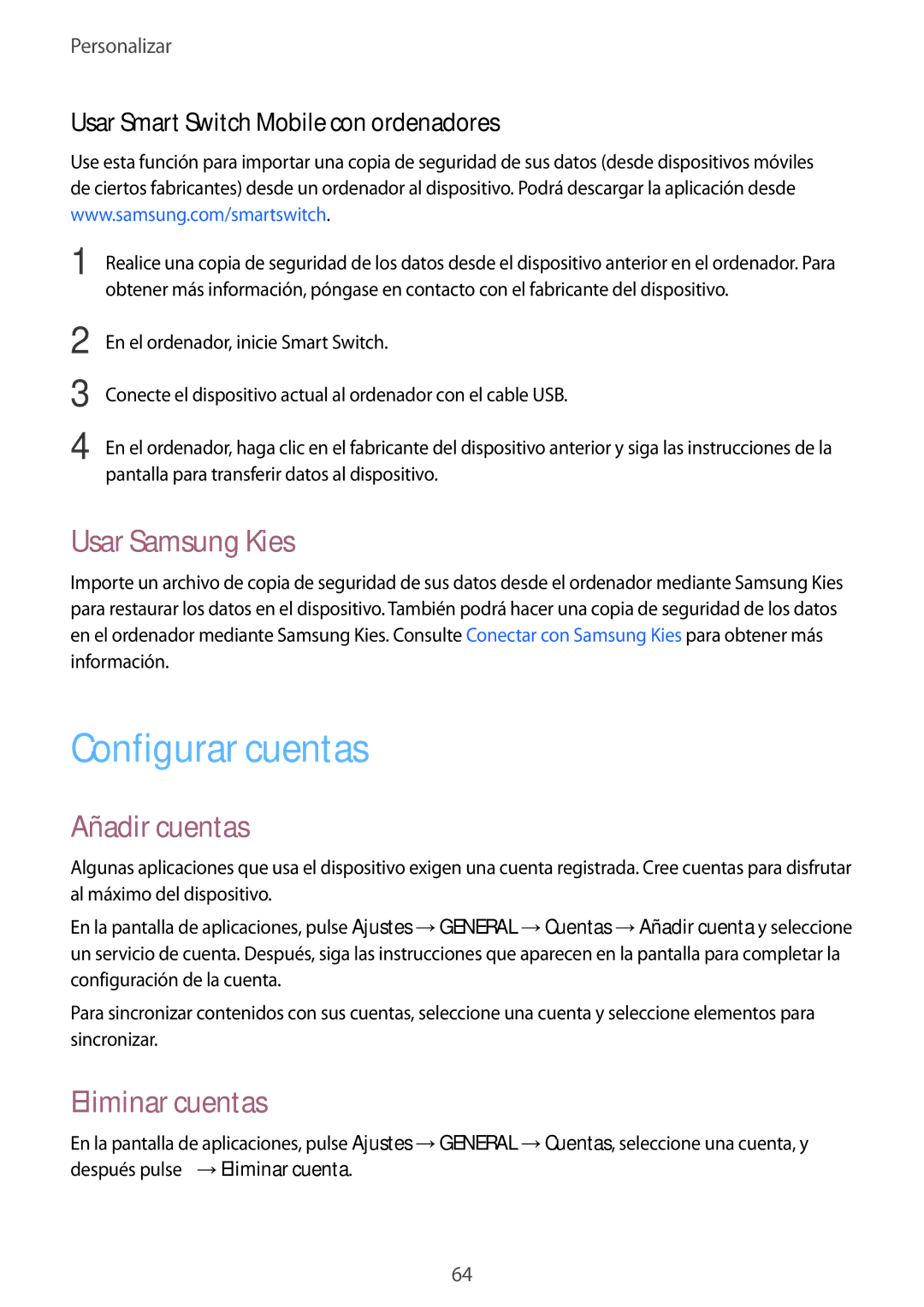 Samsung SM-T705NZWAPHE, SM-T705NZWATPH manual Configurar cuentas, Usar Samsung Kies, Añadir cuentas, Eliminar cuentas 