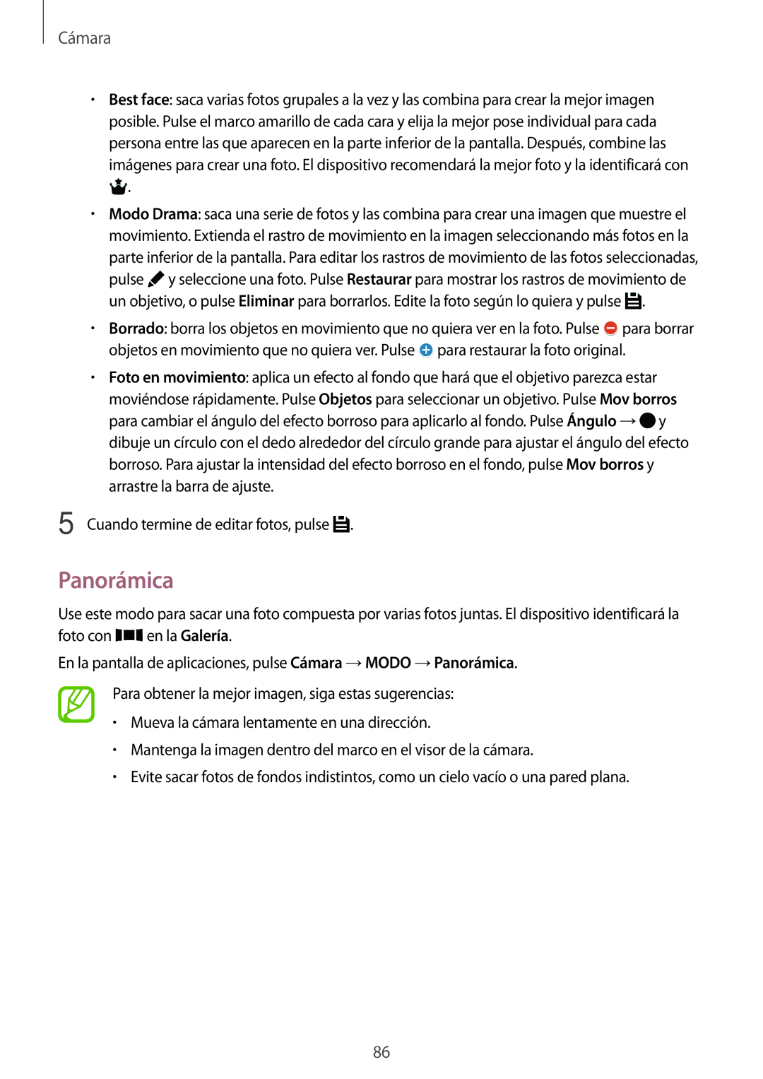 Samsung SM-T705NZWADBT, SM-T705NZWATPH, SM-T705NTSATPH, SM-T705NZWAITV, SM-T705NZWAPHE, SM-T705NTSAPHE manual Panorámica 