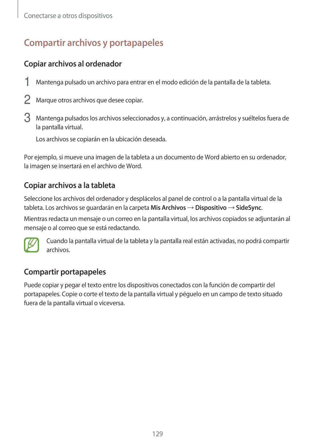 Samsung SM-T805NZWAXFV manual Compartir archivos y portapapeles, Copiar archivos al ordenador, Copiar archivos a la tableta 