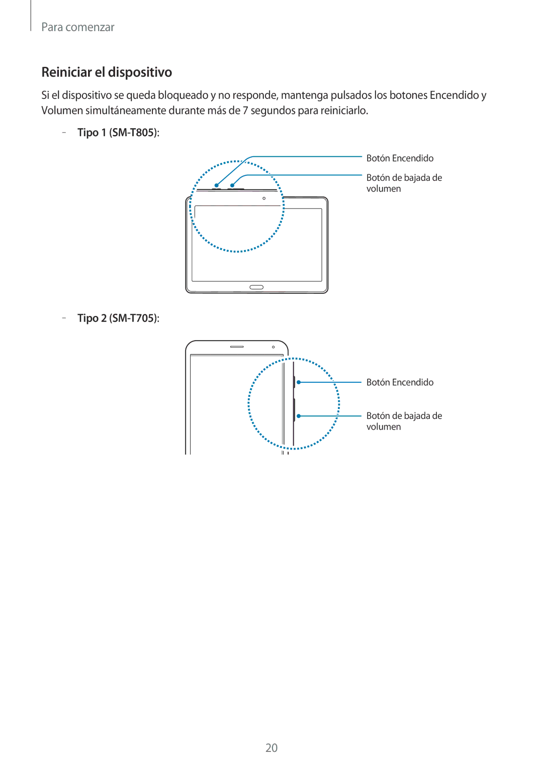 Samsung SM-T805NZWAPHE, SM-T705NZWATPH, SM-T705NTSATPH, SM-T705NZWADBT manual Reiniciar el dispositivo, Tipo 1 SM-T805 