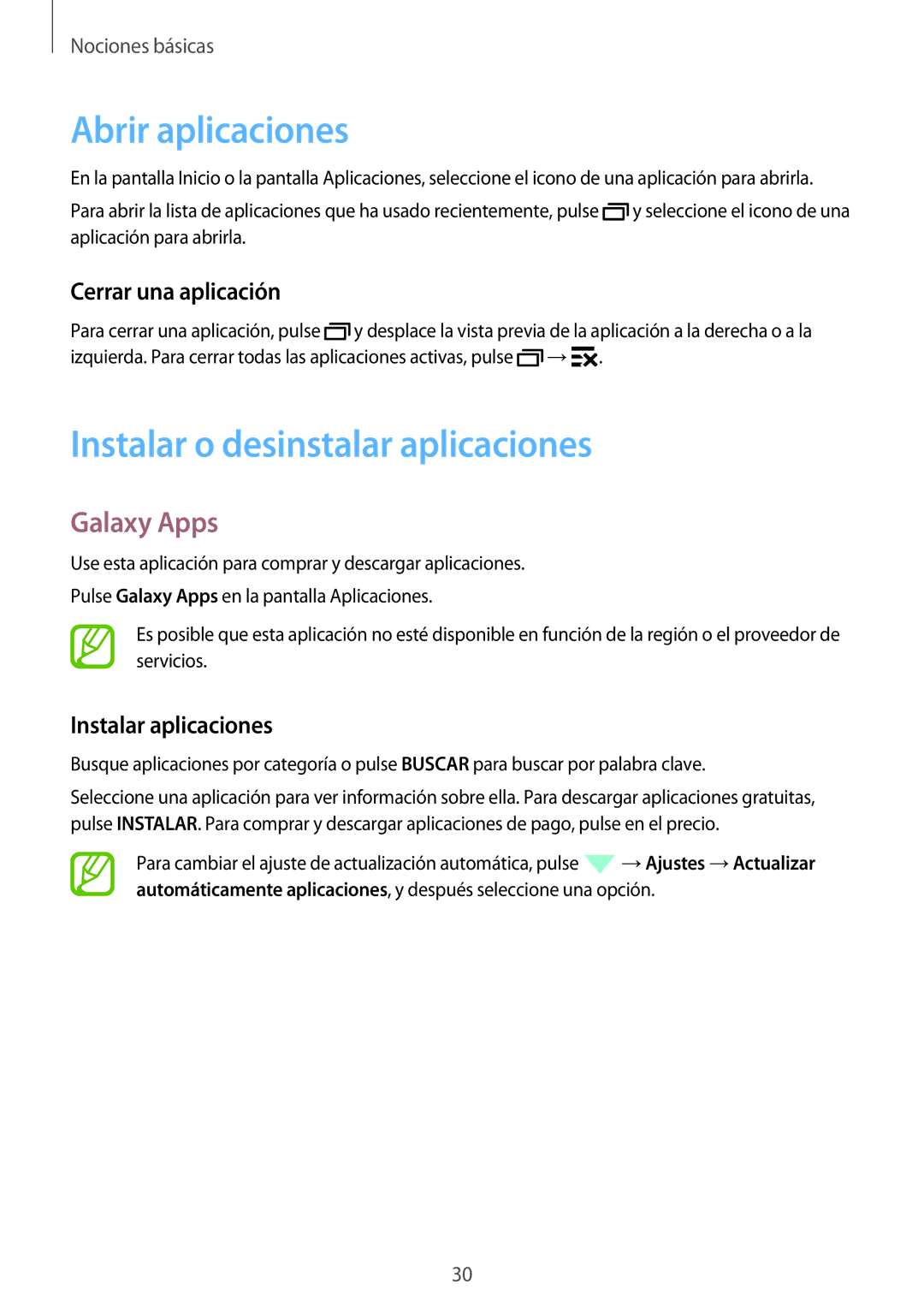 Samsung SM-T805NZWATPH manual Abrir aplicaciones, Instalar o desinstalar aplicaciones, Galaxy Apps, Cerrar una aplicación 