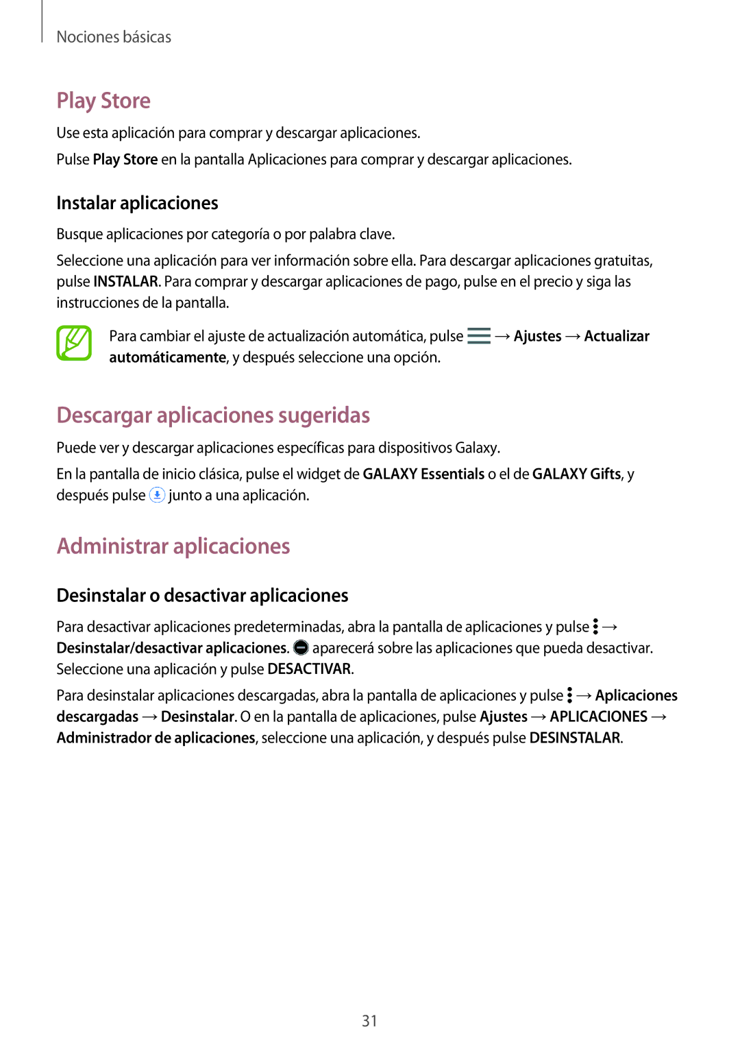 Samsung SM-T805NTSAITV, SM-T705NZWATPH manual Play Store, Descargar aplicaciones sugeridas, Administrar aplicaciones 