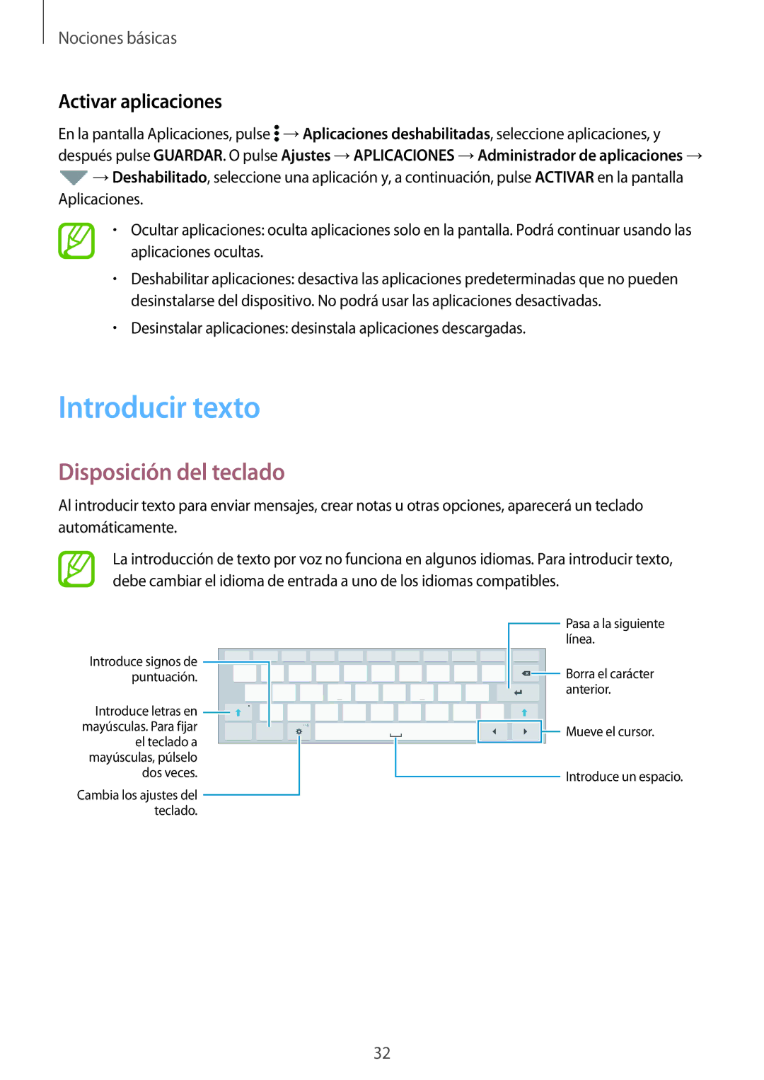 Samsung SM-T705NZWAITV, SM-T705NZWATPH, SM-T705NTSATPH manual Introducir texto, Disposición del teclado, Activar aplicaciones 