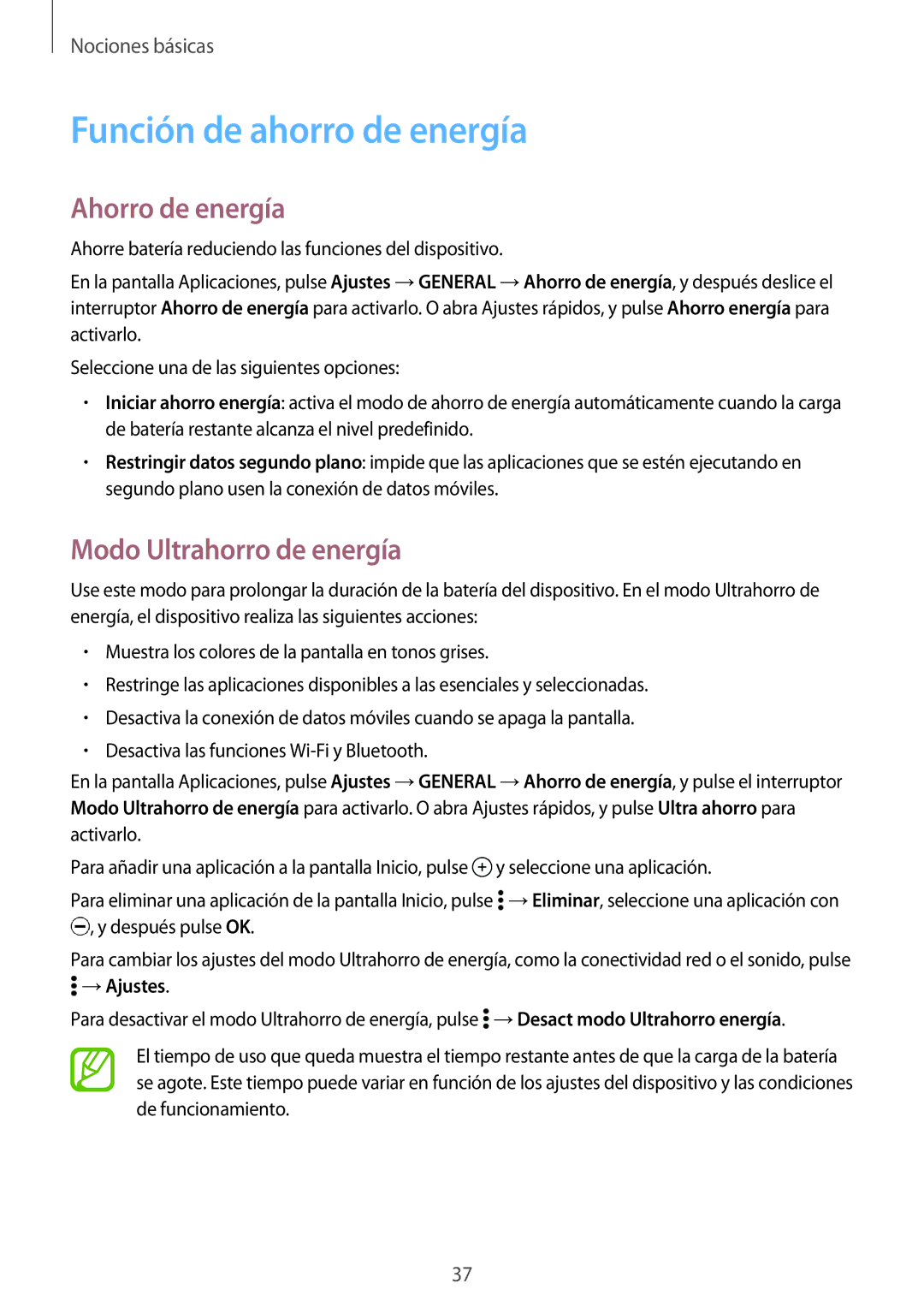 Samsung SM-T805NTSAPHE manual Función de ahorro de energía, Ahorro de energía, Modo Ultrahorro de energía, →Ajustes 