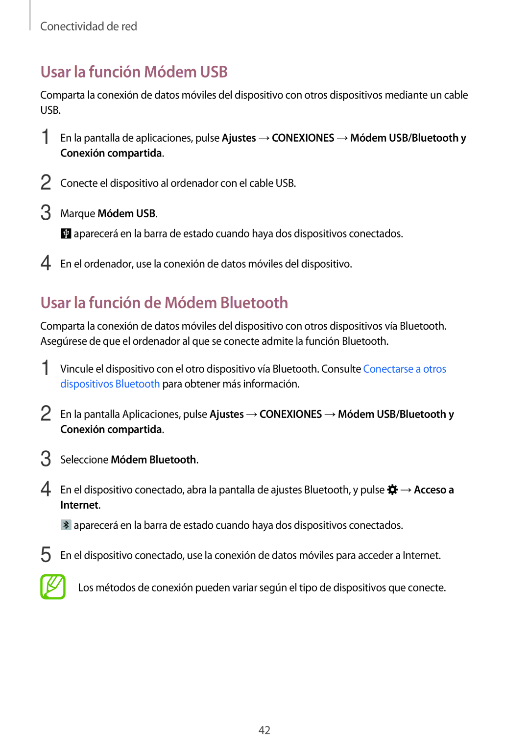 Samsung SM-T805NTSATPH, SM-T705NZWATPH, SM-T705NTSATPH manual Usar la función Módem USB, Usar la función de Módem Bluetooth 