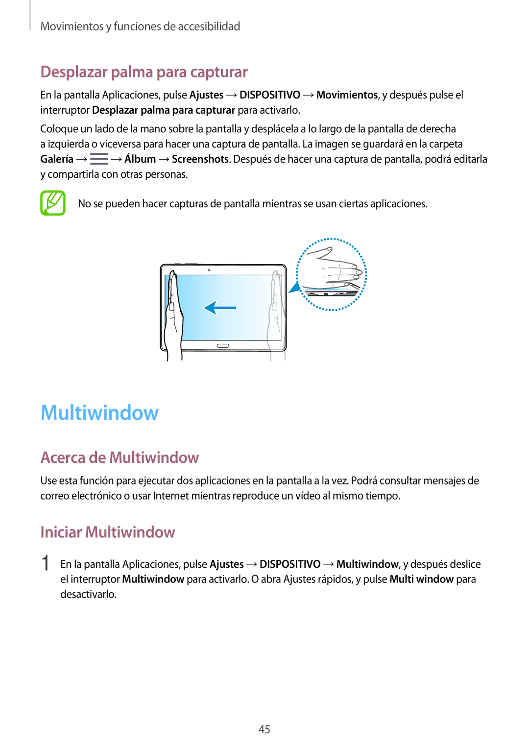 Samsung SM-T705NZWAITV, SM-T705NZWATPH manual Desplazar palma para capturar, Acerca de Multiwindow, Iniciar Multiwindow 