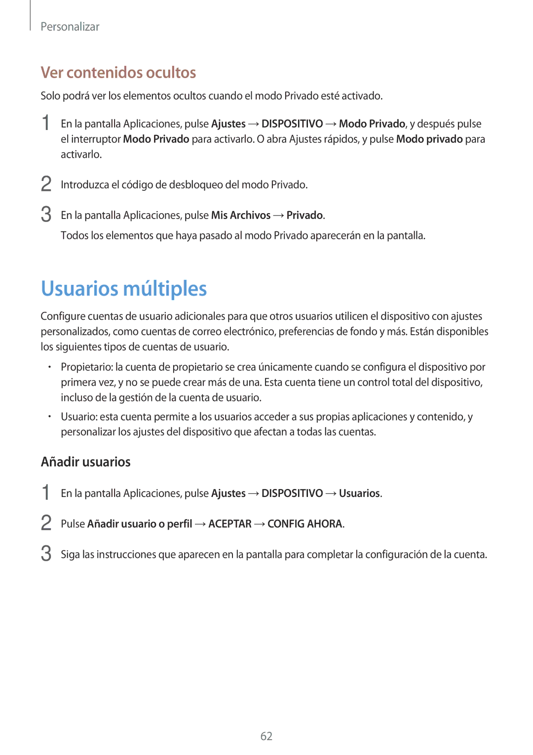 Samsung SM-T705NTSAPHE, SM-T705NZWATPH, SM-T705NTSATPH manual Usuarios múltiples, Ver contenidos ocultos, Añadir usuarios 