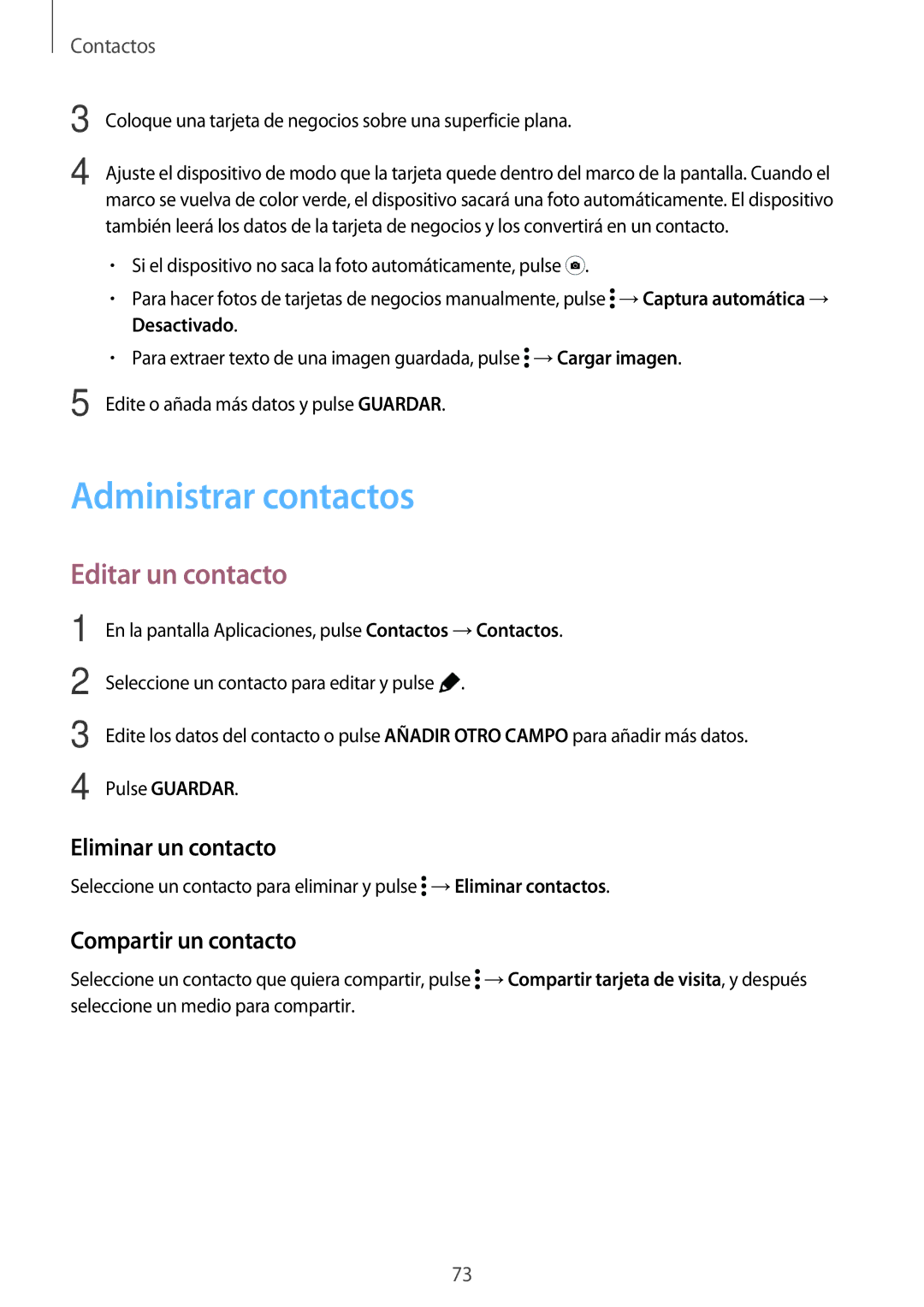 Samsung SM-T805NTSAXEC manual Administrar contactos, Editar un contacto, Eliminar un contacto, Compartir un contacto 