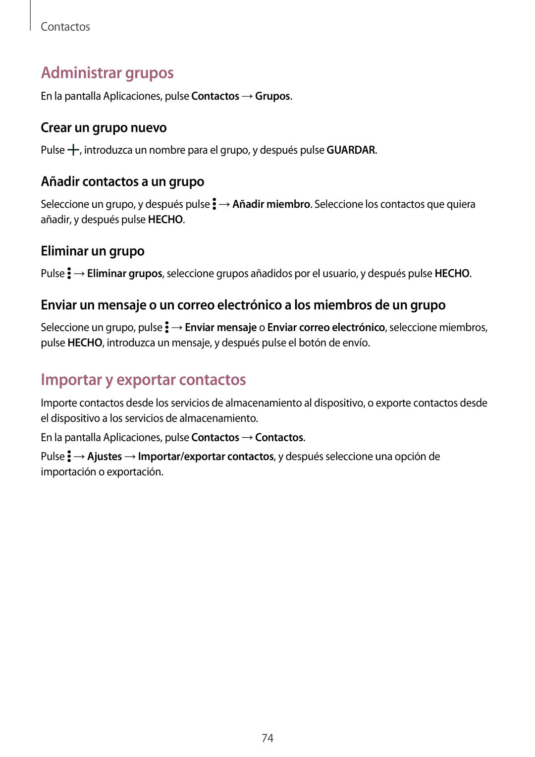 Samsung SM-T705NZWAPHE manual Administrar grupos, Importar y exportar contactos, Crear un grupo nuevo, Eliminar un grupo 