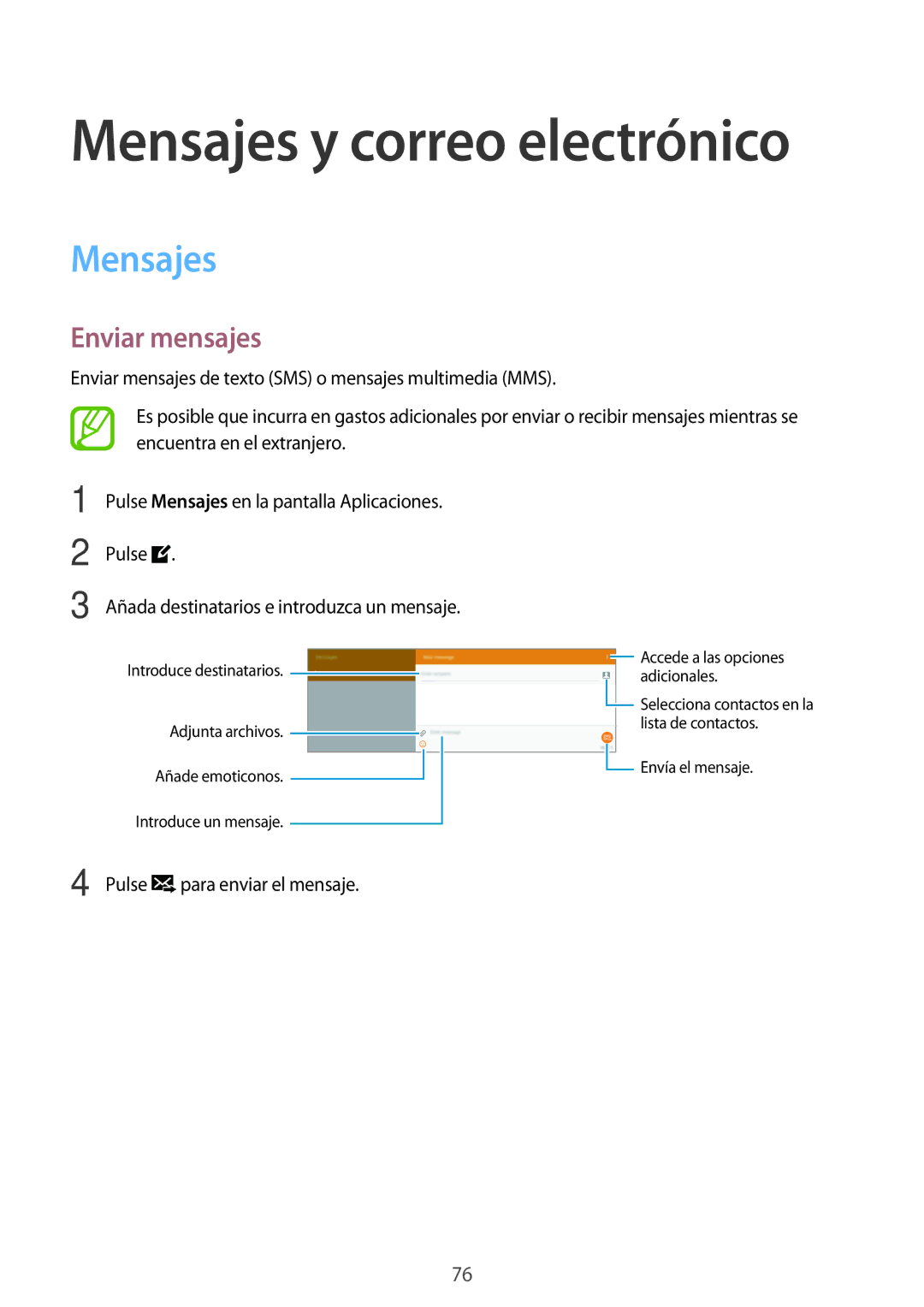 Samsung SM-T805NTSAPHE, SM-T705NZWATPH, SM-T705NTSATPH, SM-T705NZWADBT, SM-T805NTSATPH manual Mensajes, Enviar mensajes 