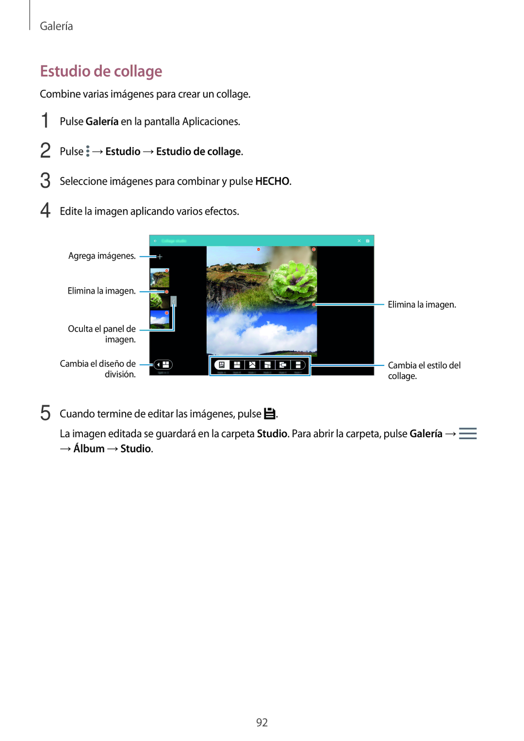 Samsung SM-T705NTSATPH, SM-T705NZWATPH, SM-T705NZWADBT manual Pulse →Estudio →Estudio de collage, → Álbum →Studio 