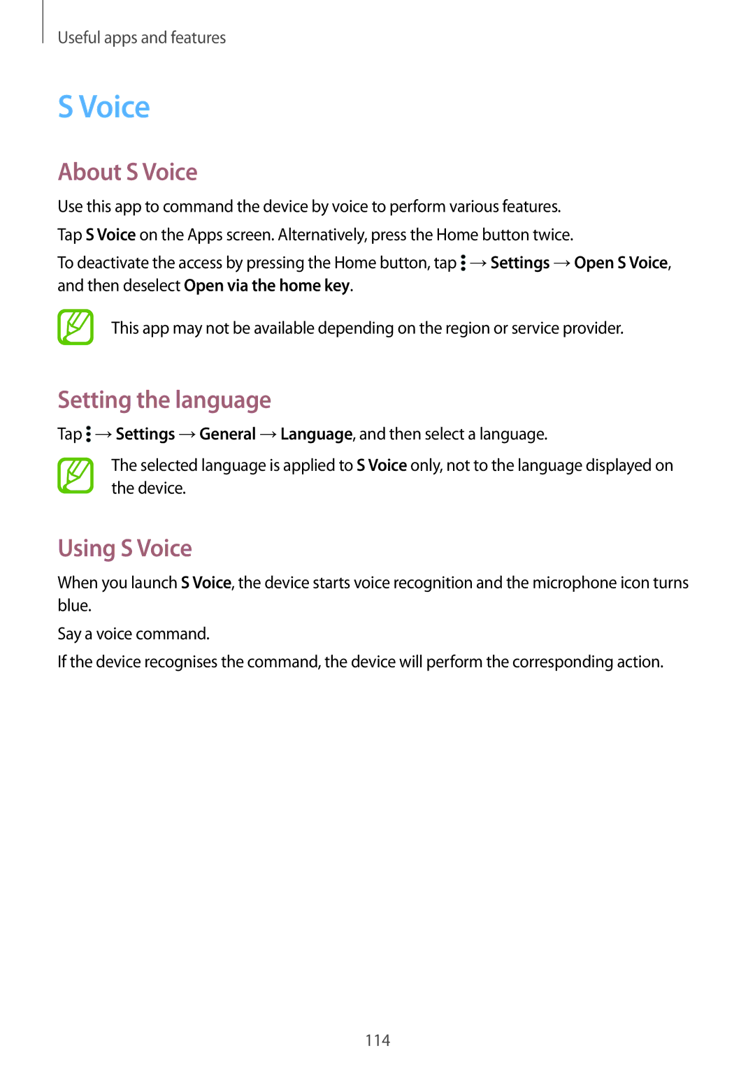 Samsung SM-T705NZWANEE, SM-T705NZWATPH, SM-T705NZWASEB manual About S Voice, Setting the language, Using S Voice 