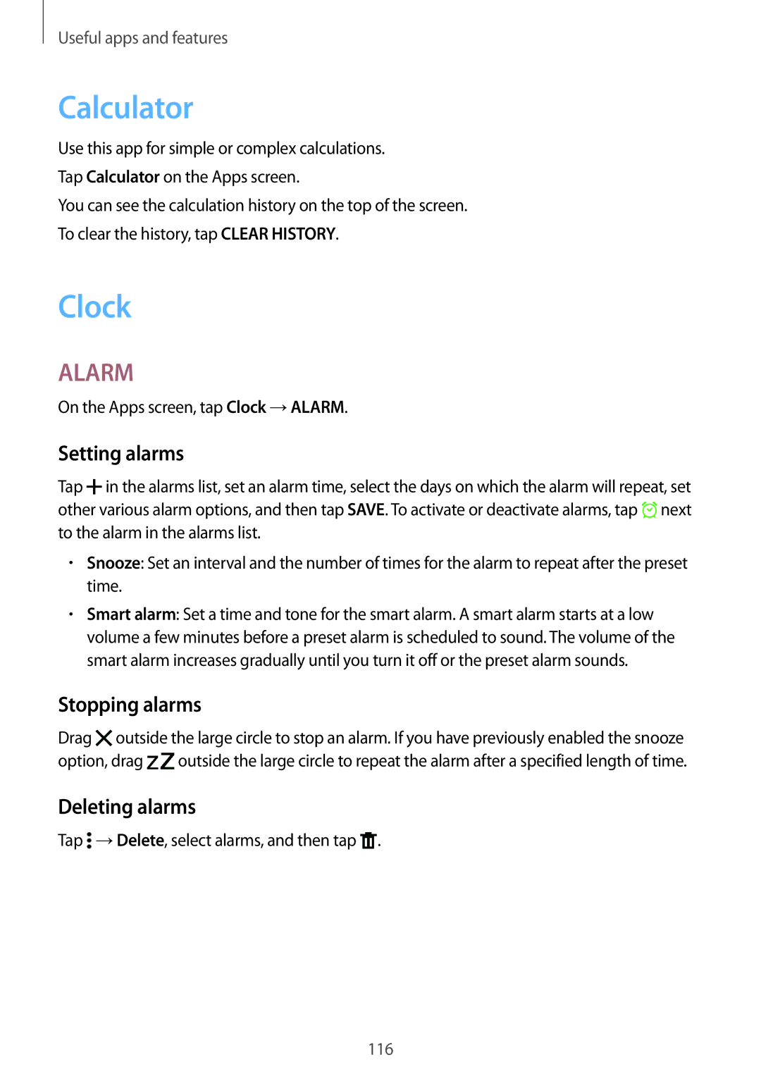 Samsung SM-T705NTSYSER, SM-T705NZWATPH, SM-T705NZWASEB Calculator, Clock, Setting alarms, Stopping alarms, Deleting alarms 