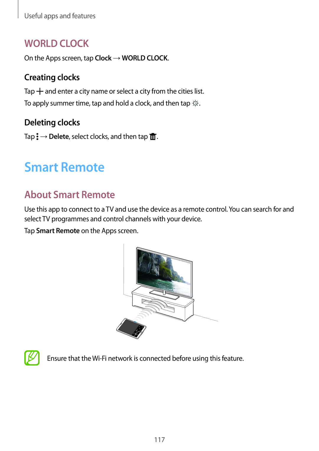 Samsung SM-T705NTSASER, SM-T705NZWATPH, SM-T705NZWASEB manual About Smart Remote, Creating clocks, Deleting clocks 